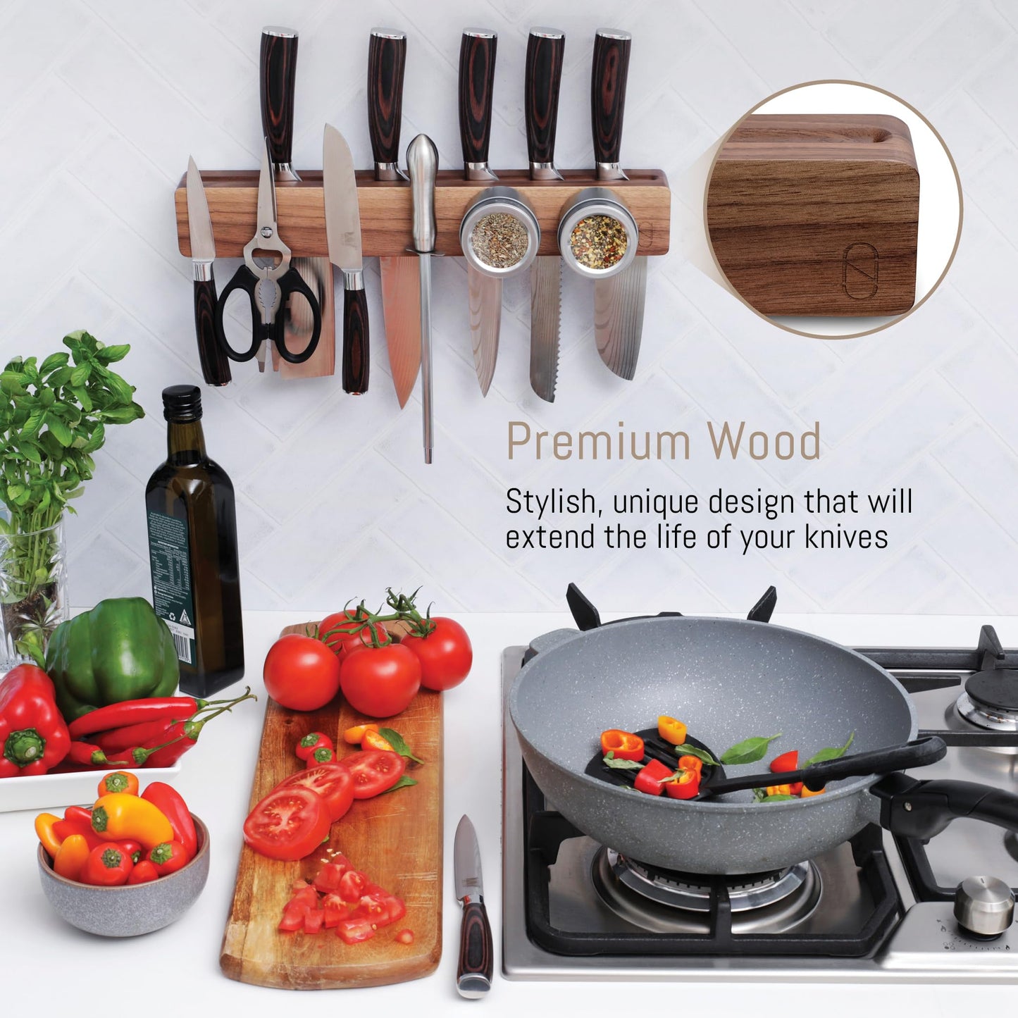 Walnut 16 inch Magnetic Knife Holder for Wall with Double Storage & Charming Wood - Knife Magnet Wall Mount, Magnetic Knife Strip, Magnetic Knife Block