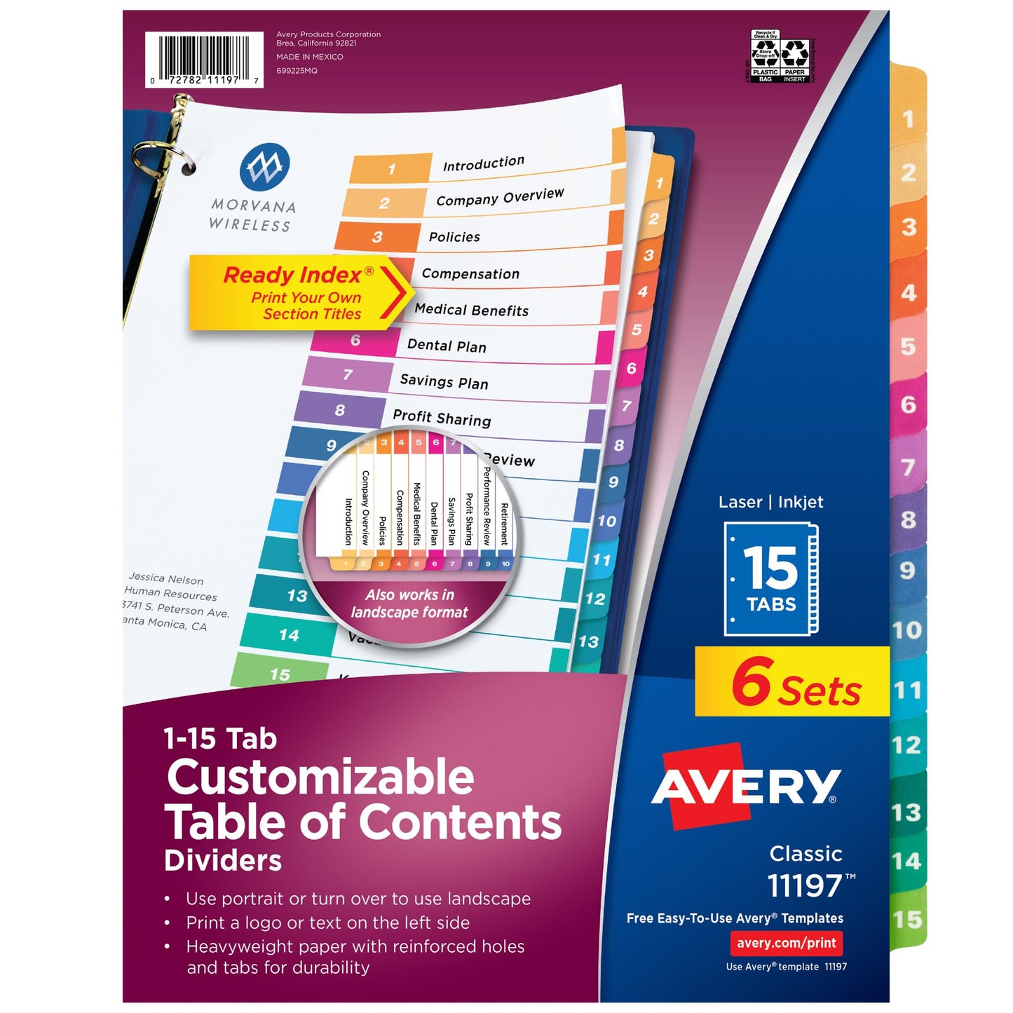 Avery Ready Index Table of Contents Dividers, 15-Tab, Multi-Color, 6 Sets (11197)