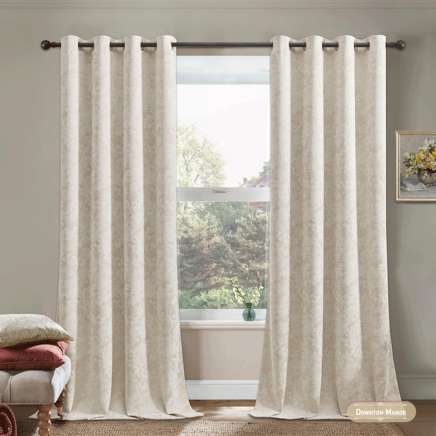 Beauoop Beige Floral Jacquard Blackout Curtains 84 Inches Long 2 Panels for Bedroom Living Room Taupe Flower Chenille Room Darkening Thermal Insulated Soundproof Grommet Window Treatments Drapes 52x84