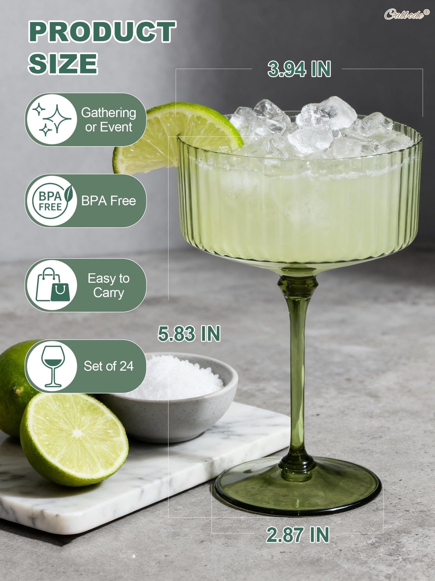 CALBODE 24Pcs Plastic Martini Glasses with Detachable Stems, 10oz Plasitc Ribbed Coupe Glasses Green Vintage Cocktail Glassware Set Toasting Glasses for Party Wedding Anniversary