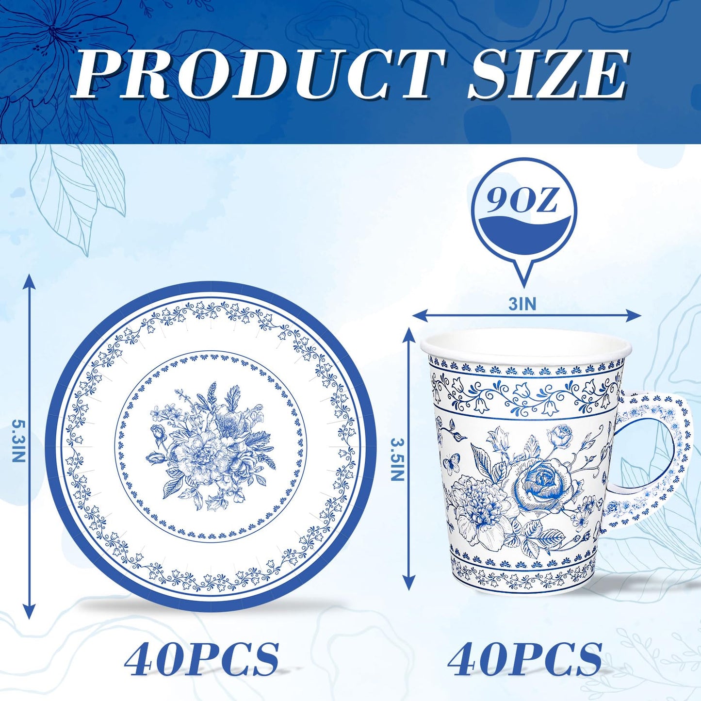 Whaline 80Pcs Blue White Floral Paper Tea Party Cups with Handles Chinoiserie Flower 9oz Disposable Teacups with Dessert Plates for Wedding Birthday Spring Tea Party