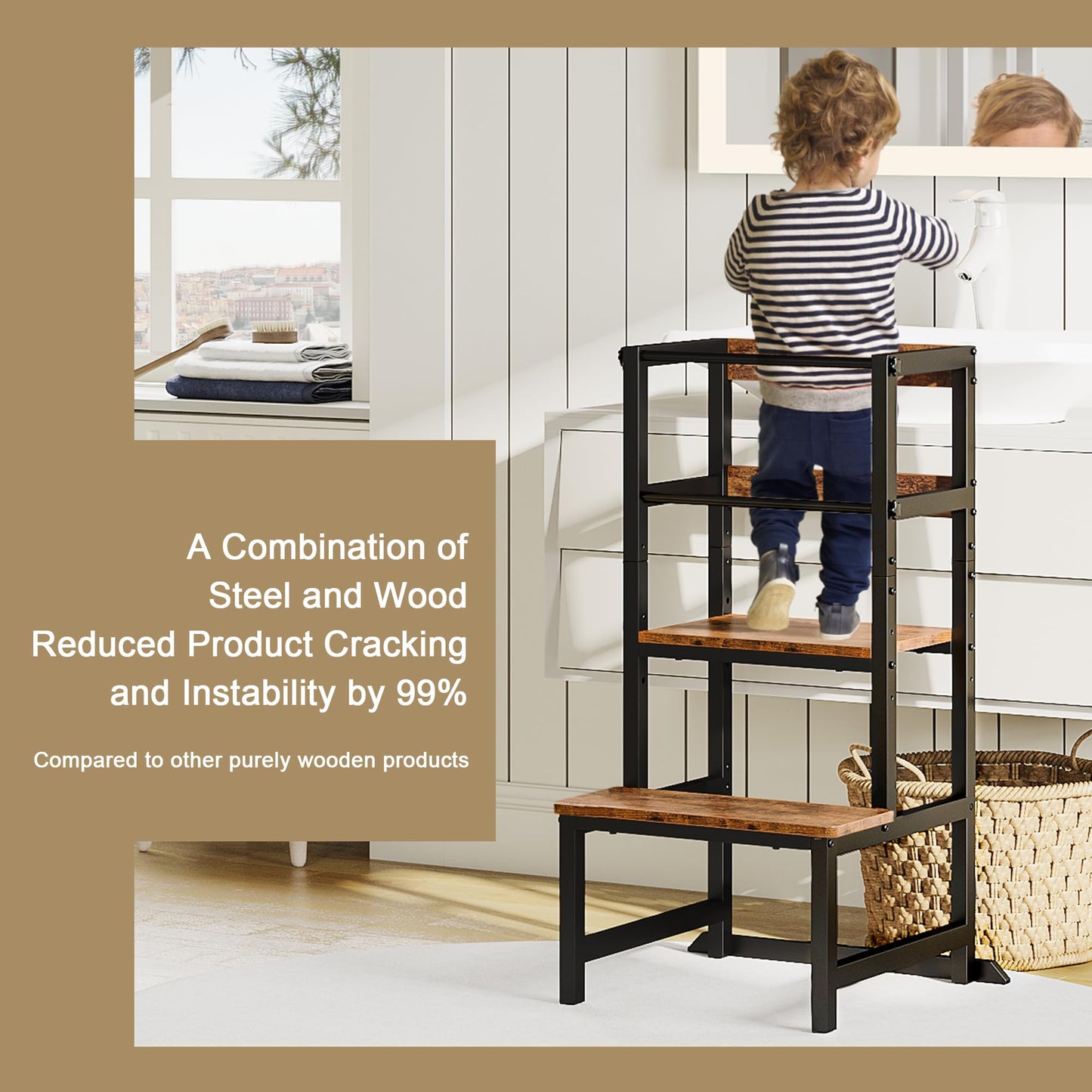 Kids Step Stool for Kitchen, Height Adjustable Toddler Tower with Safety Rail, Steel and Wood Toddler Kitchen Stool Helper Kids, Learning Tower, Nursery Helper Stand Stool