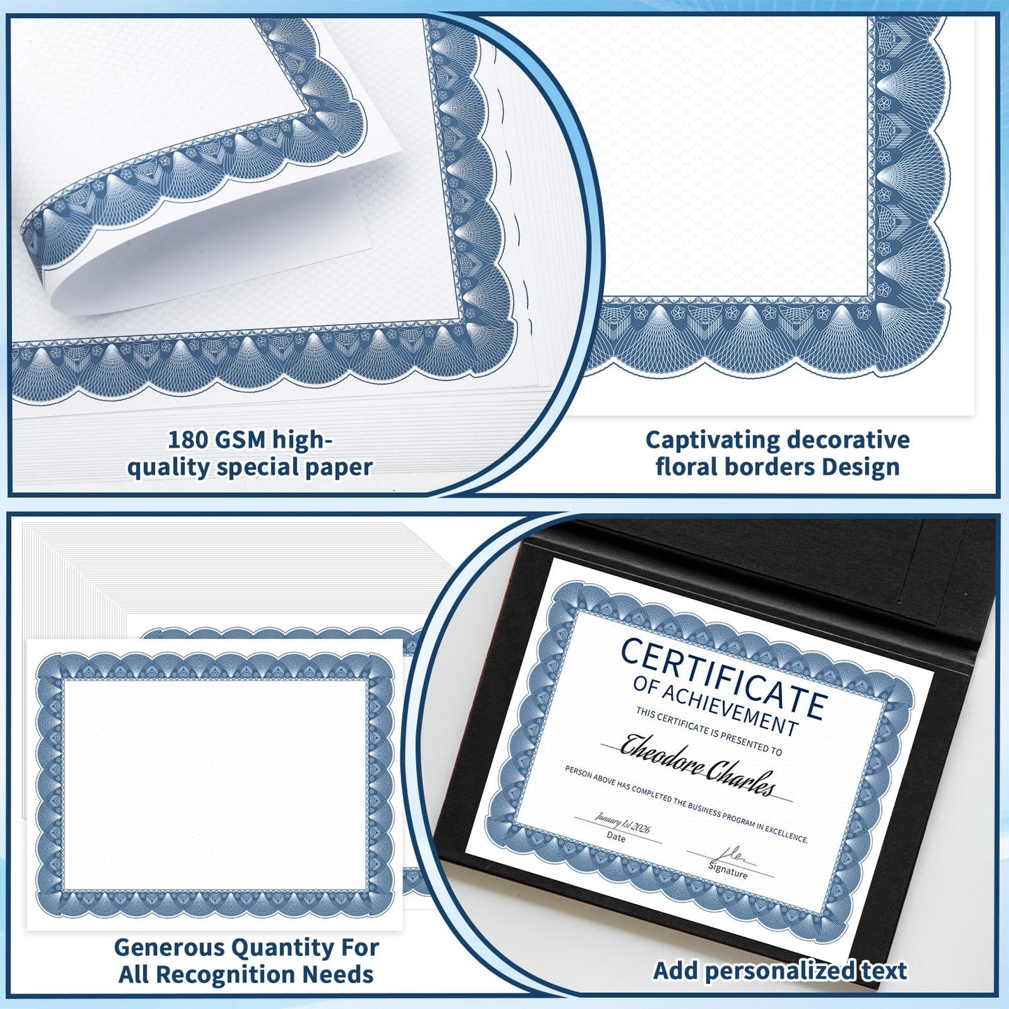 200 PCS Certificate Paper 8.5 x 11 for Printing, Customizable Blank Award Certificates, Diploma Paper with Border for Graduation, Achievement Award, Recognition Document, Navy Blue Floral