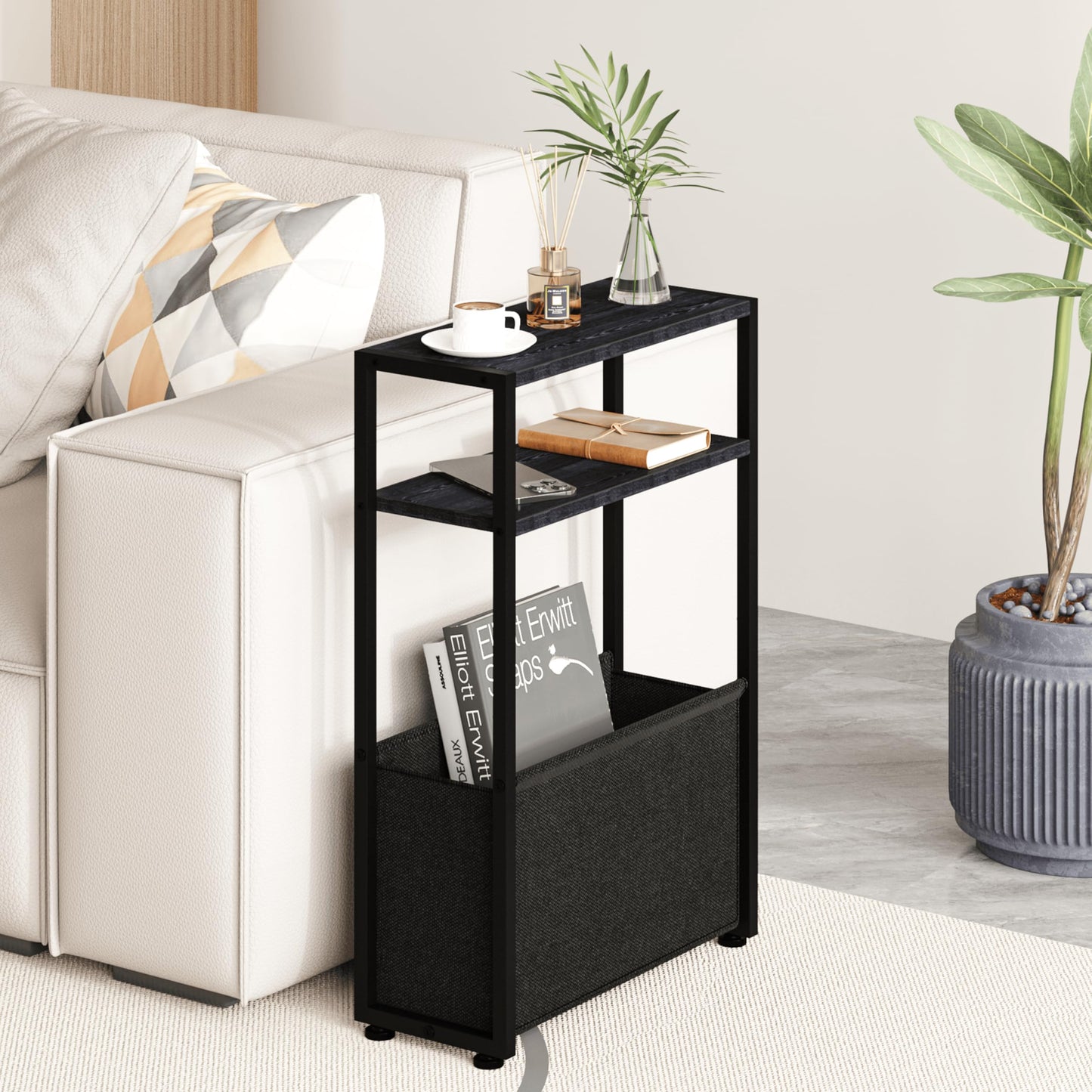 Leomonio Black Slim Side Table with Magazine Rack, Small Space-Friendly, Narrow Bedside Table for Living Room, Bedroom