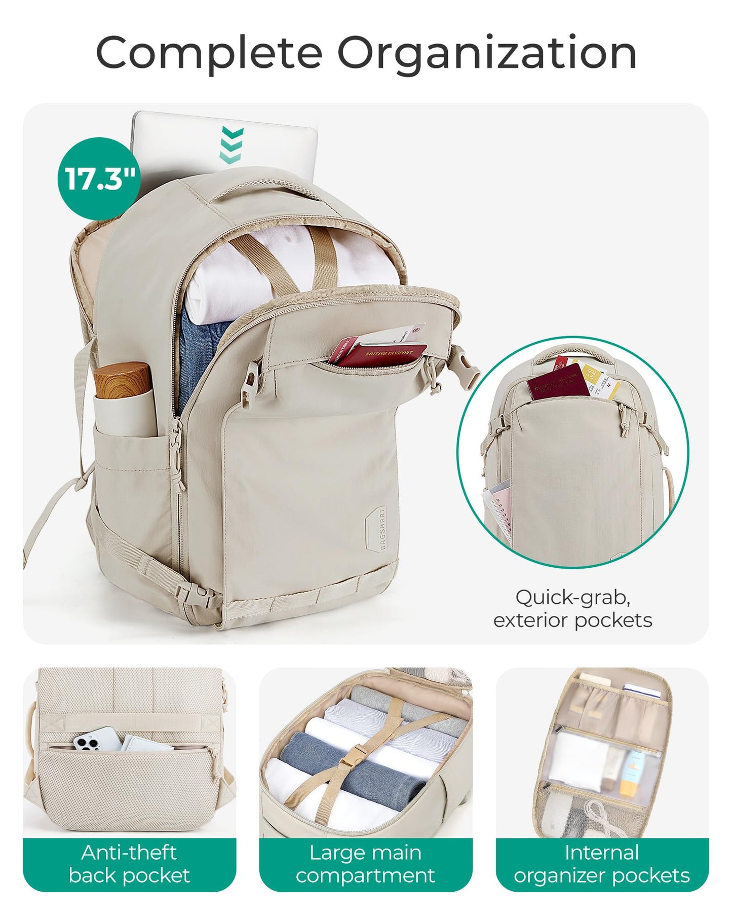 BAGSMART Blast Travel Backpack, 15.6 Inch Carry On Backpack Flight Approved, TSA Approved Personal Item Travel Bag, Water Resistant Weekender Bag Luggage Daypack, Beige