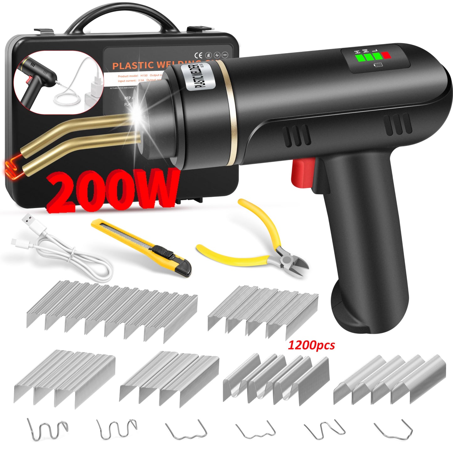 200W Cordless Plastic Welder, Plastic Welding Kit with 1200PCS Hot Stapler, USB Rechargeable Plastic Welder Gun with 5000mAh Battery, Plastic Weld Bumper Repair Kit for Most Plastic Repair