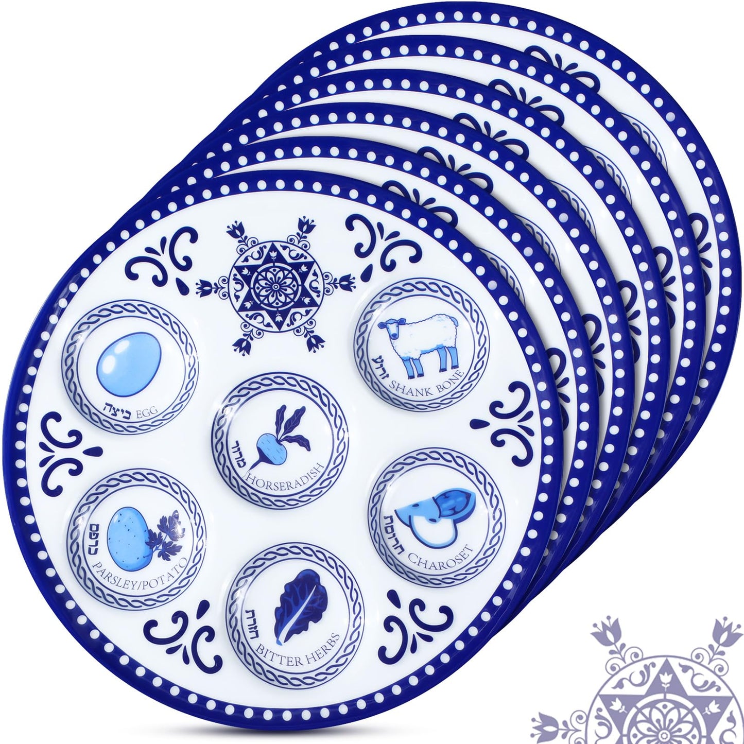 Jingmore 6 Pack Passover Decorations Seder Plates Plastic Pesach Plate Passover Seder Dish for Pesach Feast Party Favors 10 Inch (Blue Renaissance)