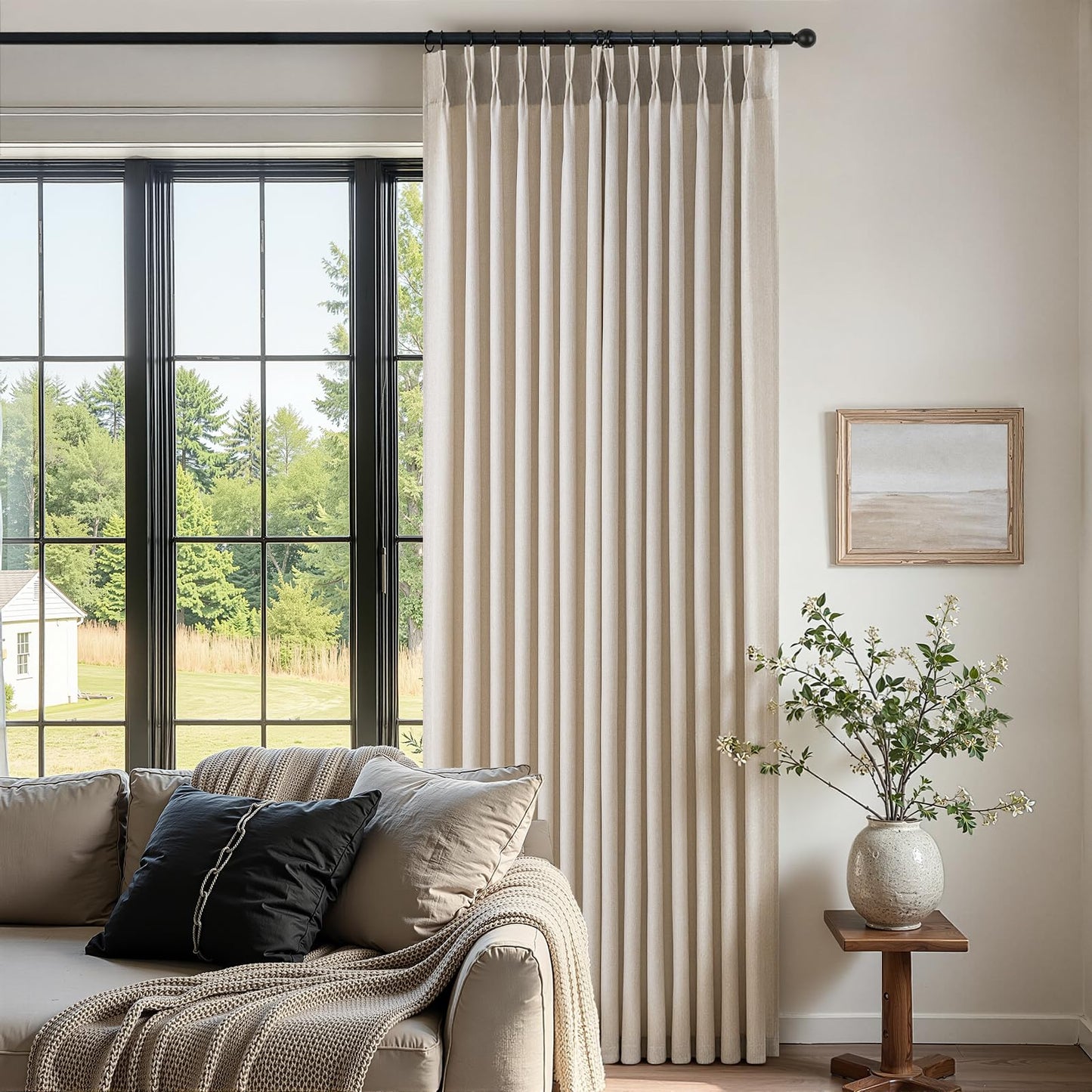 Pinch Pleated Curtains 90 Inches Long 2 Panels Set,Linen Textured Polyester Blend Fabric Aesthetic Advanced Curtain Drapes for Bedroom,7-1/2 ft Length Hooks Rings for Sliding Glass Doors