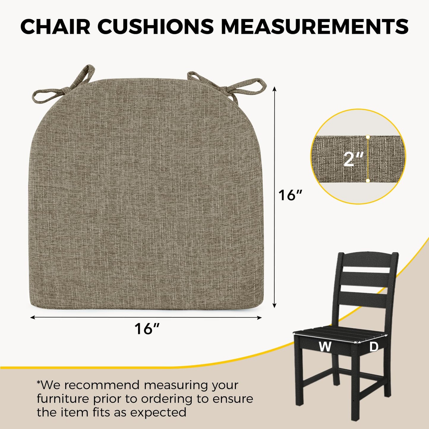 downluxe Indoor Chair Cushions for Dining Chairs, Soft and Comfortable Textured Memory Foam Kitchen Chair Pads with Ties and Non-Slip Backing, 16" x 16" x 2", Khaki, 4 Pack