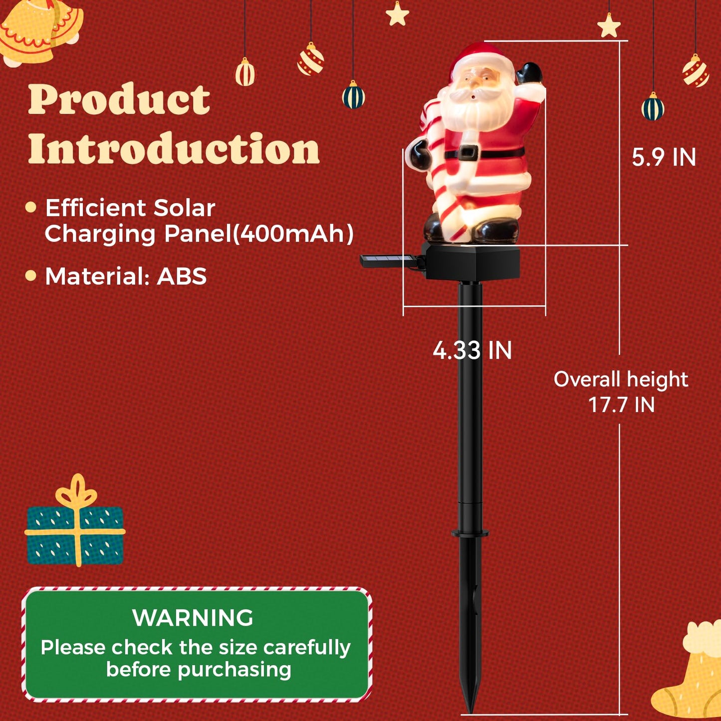4 Packs Christmas Solar Garden Light with Santa Claus, 17.7 Inches Garden Solar Light Outdoor for Christmas Decoration, Auto ON/Off, IP65 Waterproof, Suitable for Courtyard, Pond, Walkway Decoration