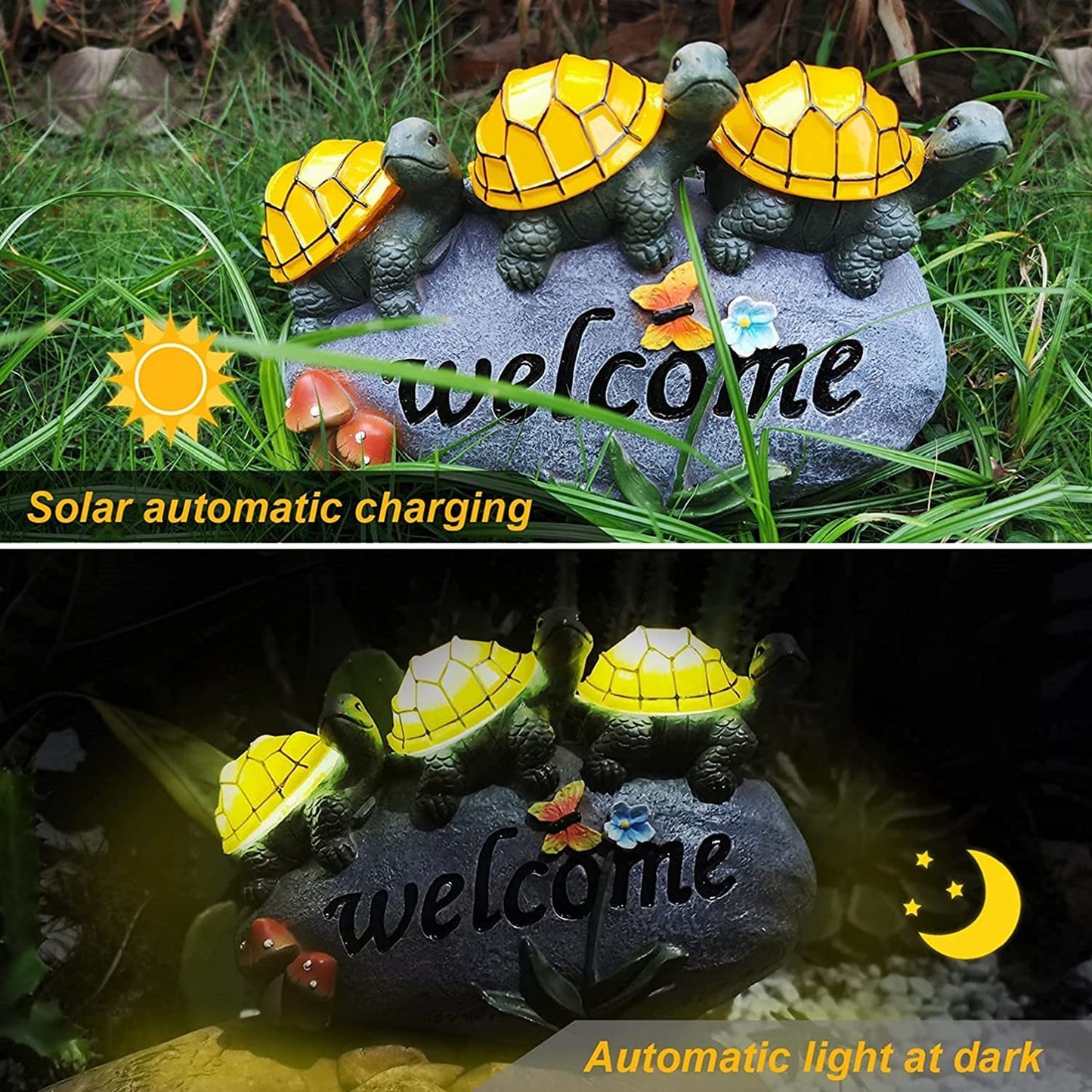 Solar Garden Statue Outdoor Waterproof Turtle Decor Light, 3 Turtles on a Rock Solar Outdoor Figurine Lights with Welcome Sign, Lawn Ornaments for Patio Yard Pathway Walkway