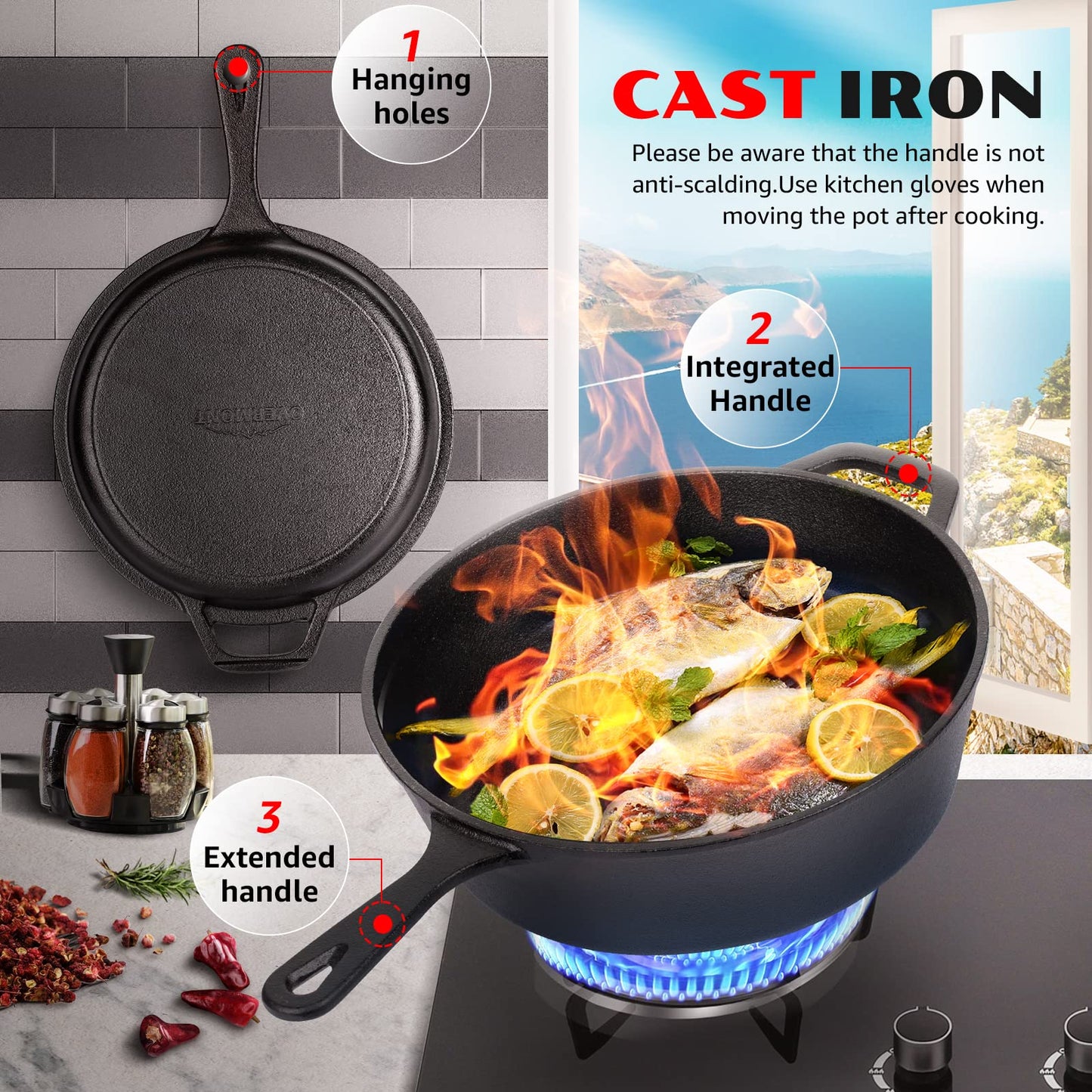 Overmont 2-in-1 Cast Iron Dutch Oven - 3.2QT Deep Pot with Frying Pan Lid & Recipe, Pre-seasoned Multi Cooker Skillet Suitable for Grill, Baking, Induction, Stovetop