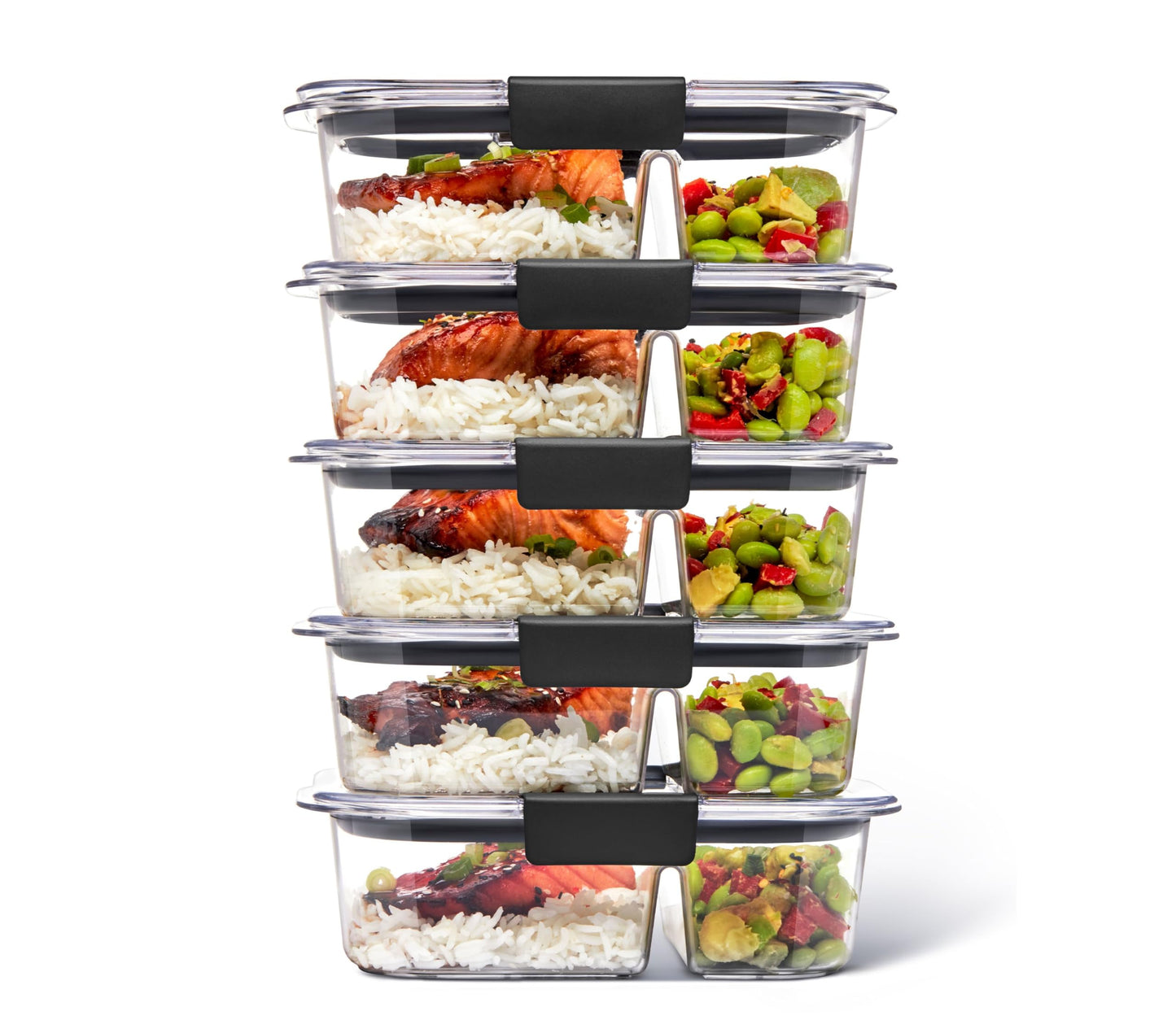 Rubbermaid 5-Piece Brilliance Food Storage Containers for Meal Prep with 2 Compartments and Lids, Dishwasher Safe, 2.85-Cup(675ml), Clear/Grey, 5 count (Pack of 1)