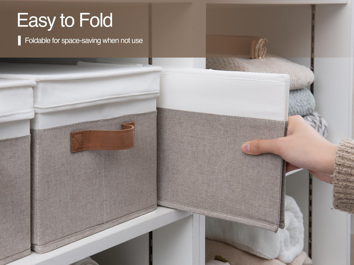 StorageWorks Lidded Large Storage Bins, Foldable Closet Basket with PU Sewn Handles, Decorative Boxes for Clothes, Blankets, Brown and White, Jumbo, 3-Pack