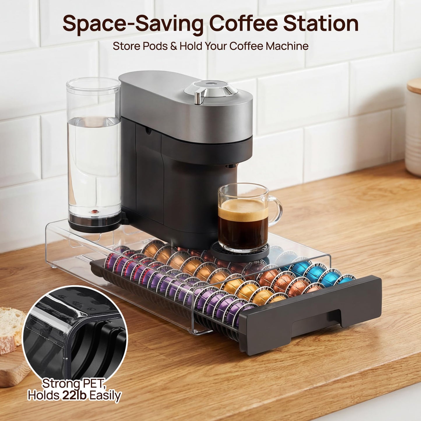 Vtopmart Coffee Pod Holder for Nespresso Vertuo Pods, Clear Acrylic Anti-Slip Coffee Pod Organizer with Smooth Pull-Out, Holds 40 Large or 60 Small Capsules