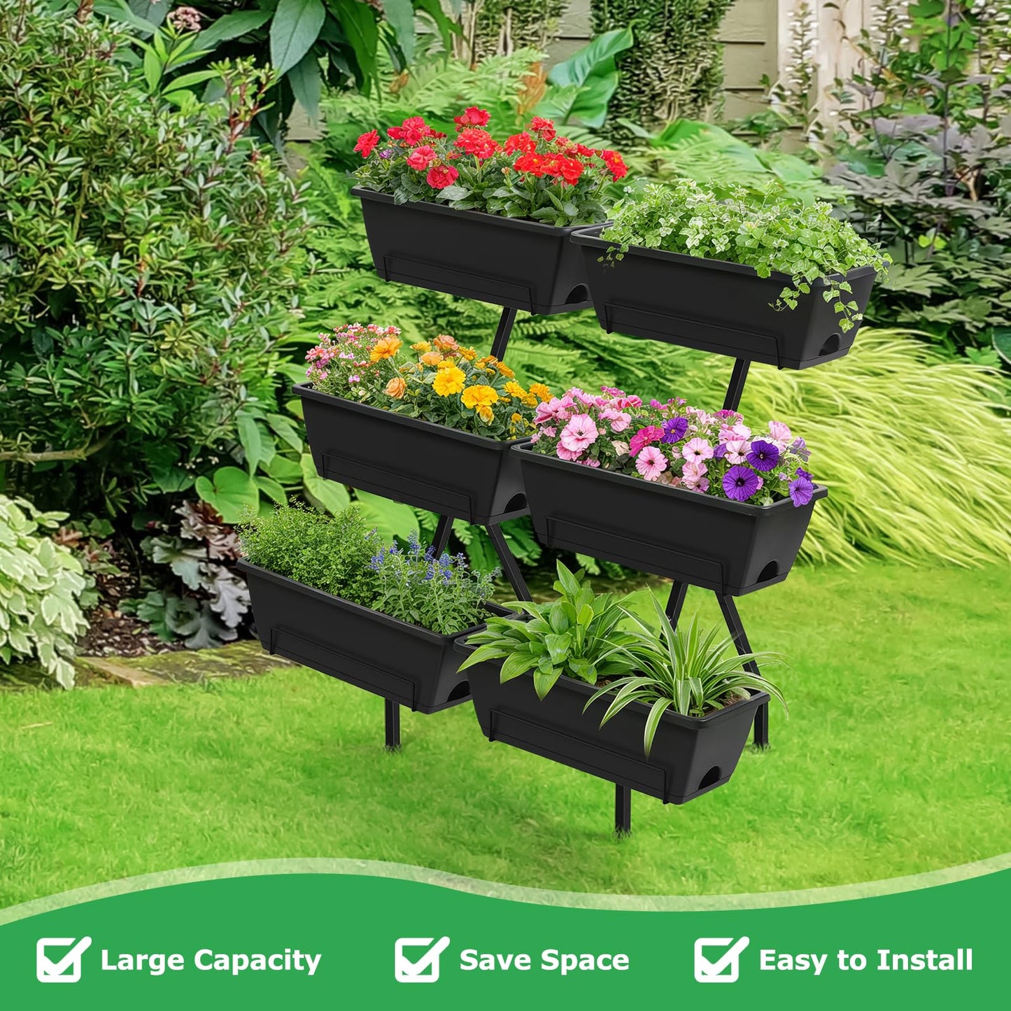 Vertical Garden Planter 3 Tier Vertical Raised Garden Bed with 6 Garden Planter Boxes Elevated Raised Bed with Drainage Holes Outdoor Standing Garden Planter for Herbs Flowers Vegetables, Black