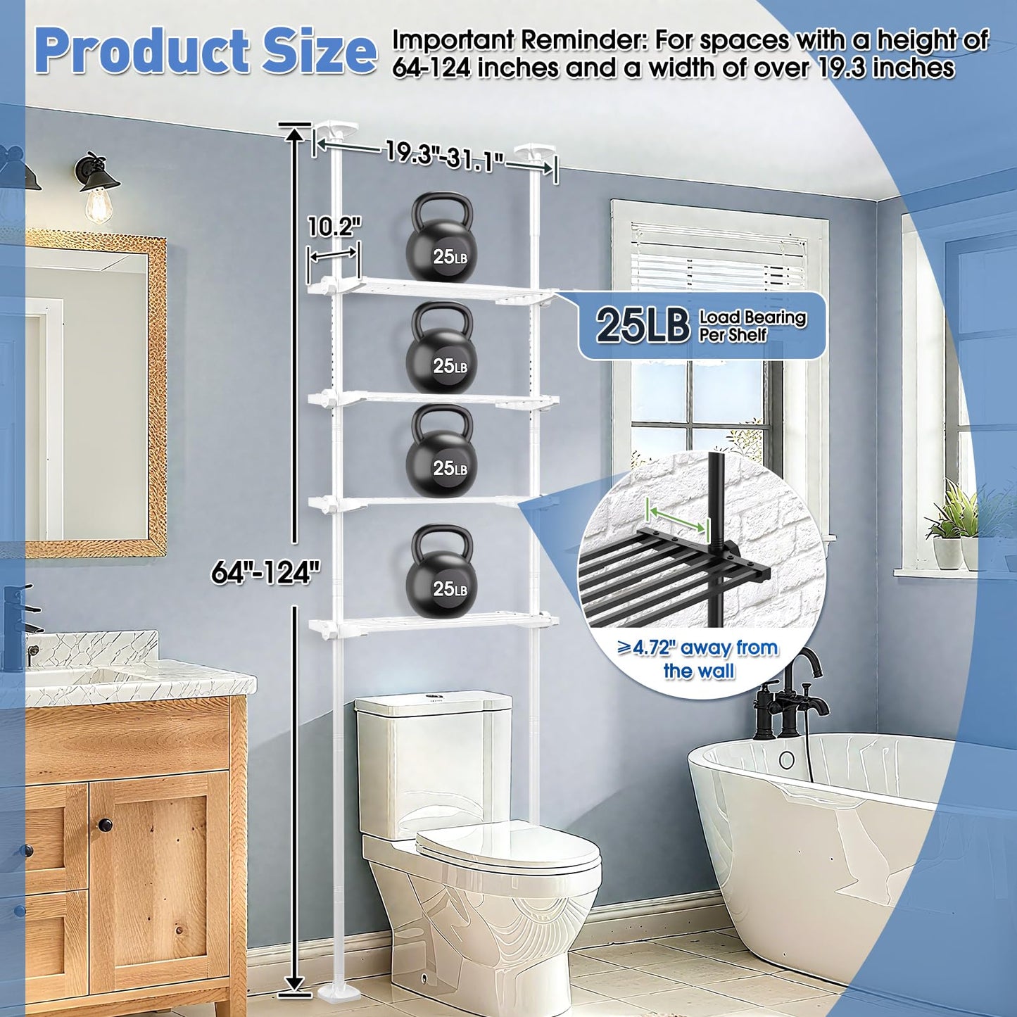 SUNALLY Over The Toilet Storage Shelf, 4-Tier Adjustable Over Toilet Bathroom Organizer,Tension-Mounted Bathroom Storage Rack for Ceilings, No Drill Space-Saving Shelving for Small Rooms, White