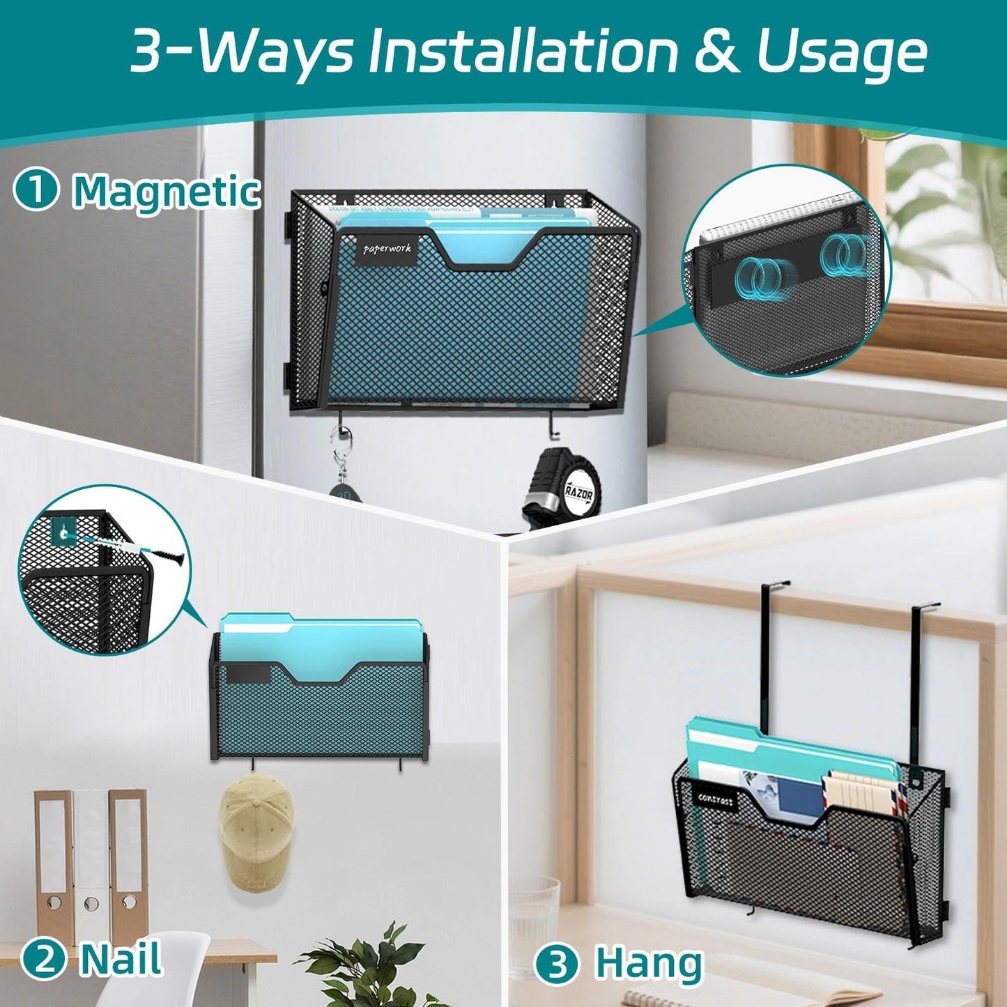 Reeplan 6 Pack Magnetic File Holder Wall File Organizer with Label Panel and 2 Hooks Magnetic Paper Mail Holder for File Office, Cabinets and Whiteboard, Black