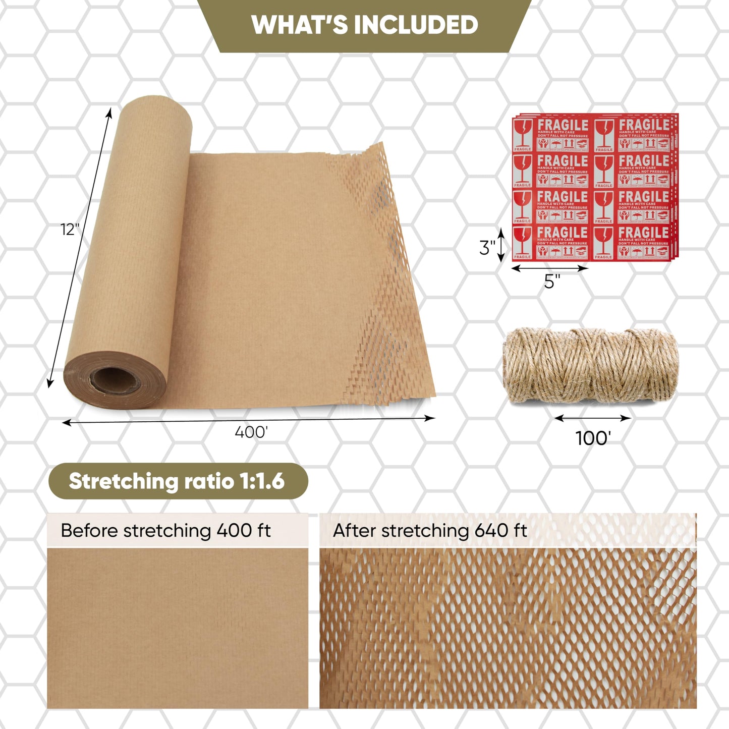 Honeycomb Packing Paper 12” x 400' | Bubble Paper Wrap Roll for Packing & Moving Supplies | Alternative to Bubble Plastic Wrap | Papier bulle pour déménagement | Plus Fragile Stickers & Rope