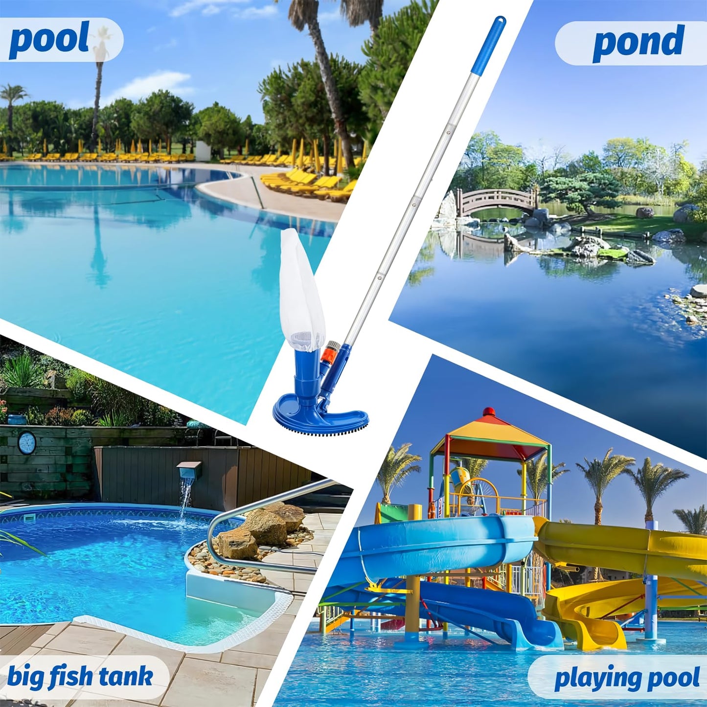 60" Portable Pool Vacuum Half Moon Jet Underwater Cleaner and Leaf Skimmer Net (No Garden Hose Included), 4 Section Pole of Hand Held Portable Pool Vacuum for Above Ground Pool, Spa, Ponds & Fountains
