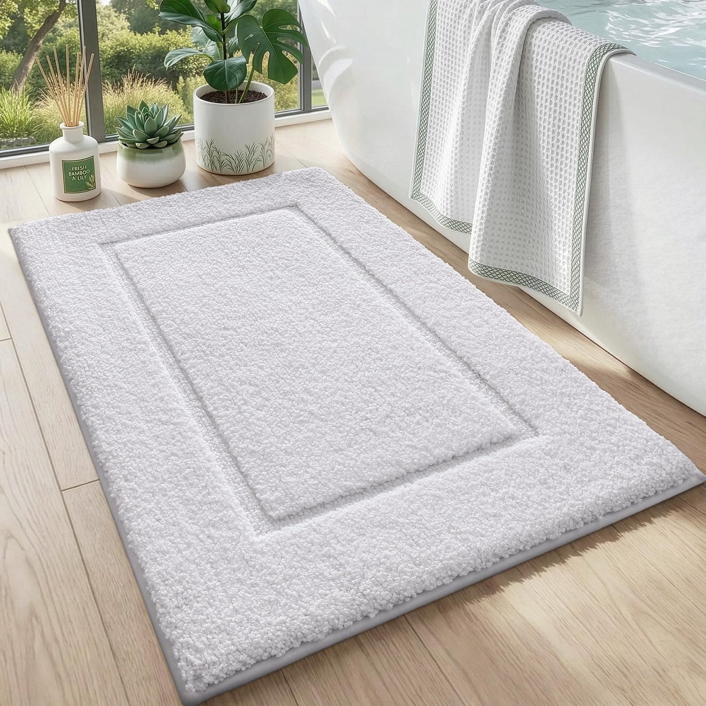 DEXI Bath Mat 20x32, Water Absorbent Microfiber Large Bathroom Rug with Non Slip Backing, Machine Washable Bathmat Shower Carpet for Floor, Tub, White