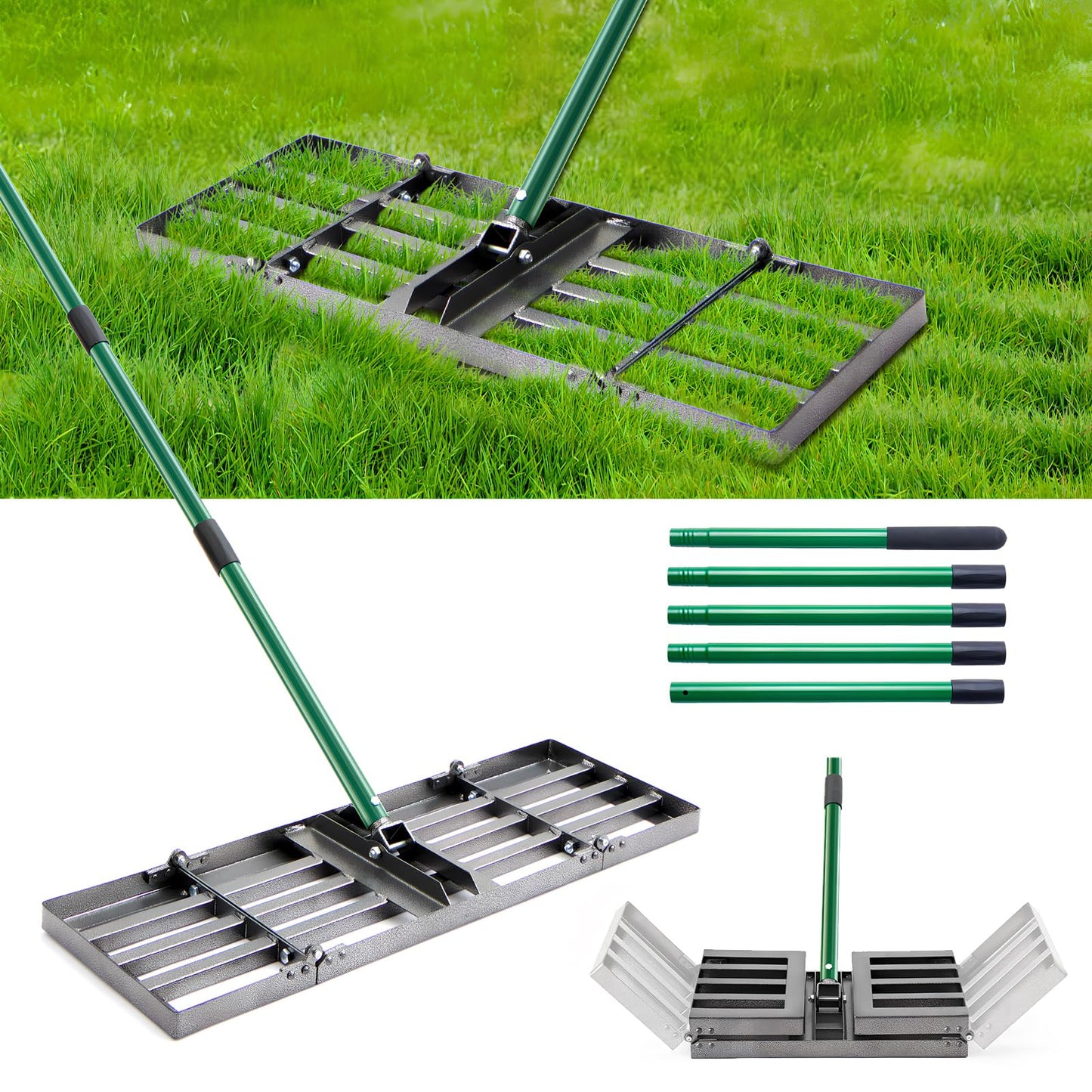 30"x10" Lawn Leveling Rake, Heavy Duty Lawn Leveler with 33"-77" Adjustable Handle, Foldable Ground Leveling Tool for Soil, Sand, Gravel, Ergonomic Design for Lawns, Golf Courses and Backyards