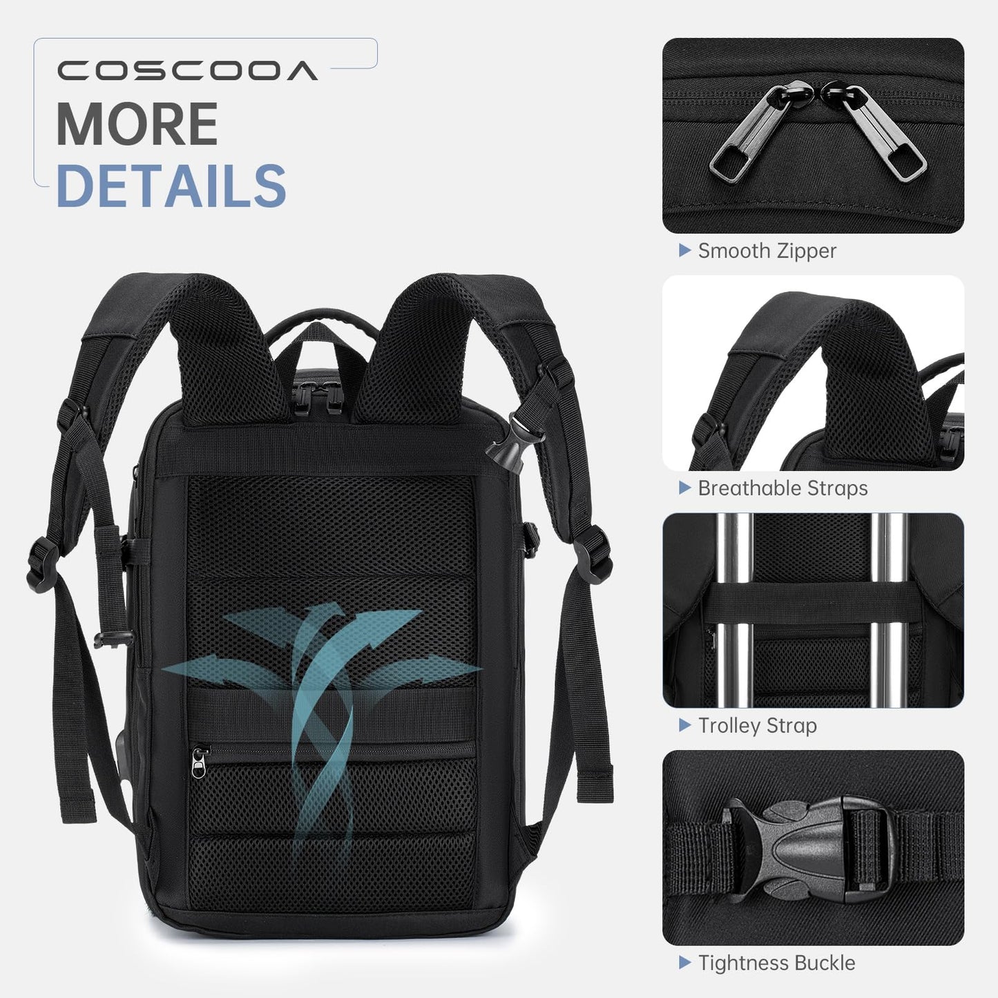 COSCOOA Expandable Travel Backpack 20-30L,United Airlines Personal Item Bag 17x10x9 inch, Ryanair 40x20x25 CM Carry on Bag, Black, 40x25x20 cm