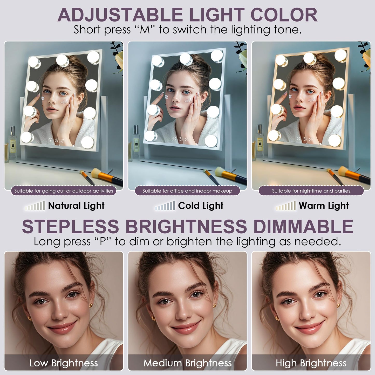 Sucedey Makeup Mirror with Lights, 14x12 '' Lighted Vanity Mirror with 9 Bulbs, 3 Color Mode and Dimming, Touch Control, Detachable 10X Zoom Mirror, 360° Rotation, Sleek Metal Frame -White