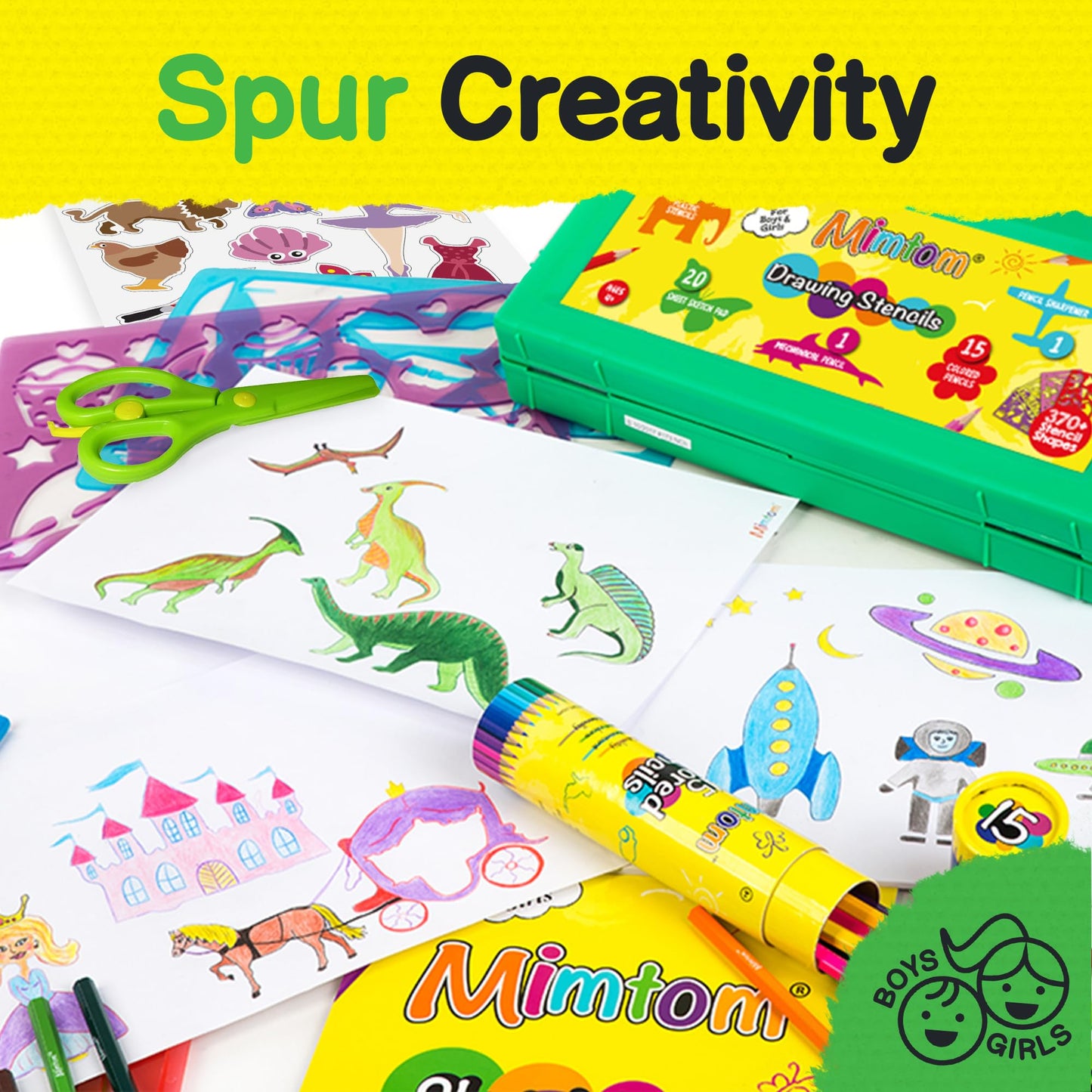 Mimtom Drawing Stencils Kit for Kids | 20 PC Stencil Set with 370+ Shapes Animals, Dinosaurs, Flowers, Letters & Numbers | 15 Colored Pencils, Pencil Sharpener, Sketch Pad & Carrying Case