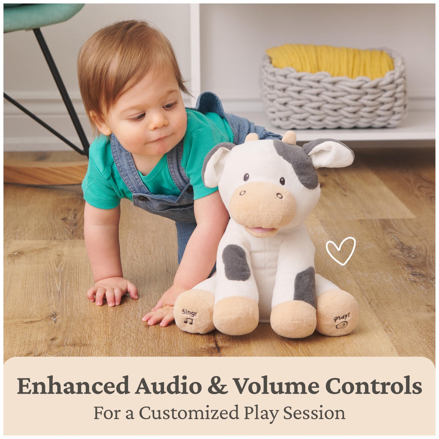 Baby GUND Buttermilk The Cow Animated Plush, Singing Stuffed Animal Sensory Toy, Sings Old Macdonald and Teaches Animal Sounds, Cream/Grey, 12”