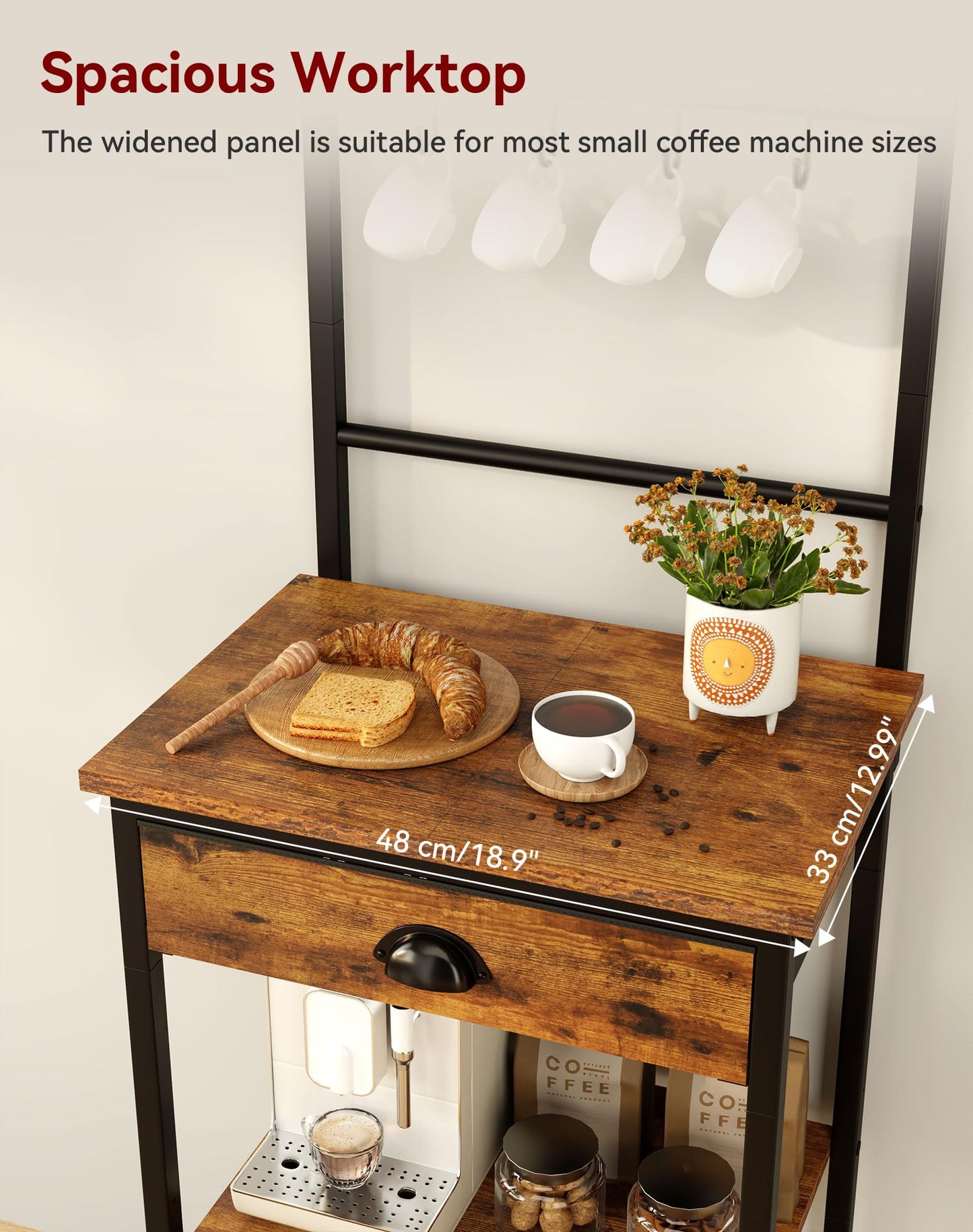 YMYNY Kitchen Shelf, Baker's Rack, Coffee Organiser, Coffee Bar, 5 Shelves, 8 Hooks, Fabric Drawers, Steel Frame, 43 x 33 x 134.5 cm, for Kitchen, Living Room, Vintage HBR009H