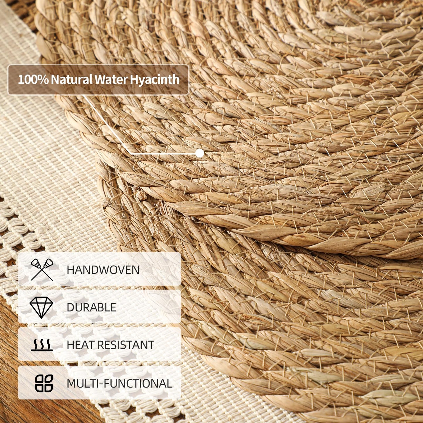 Round Woven Placemats Set of 12, 13.5 inch Boho Rattan Chargers for Dinner Plates, Rustic Wicker Place Mats, Hand-Woven from Natural Hyacinth, for Dining Table, Farmhouse, and Thanksgiving