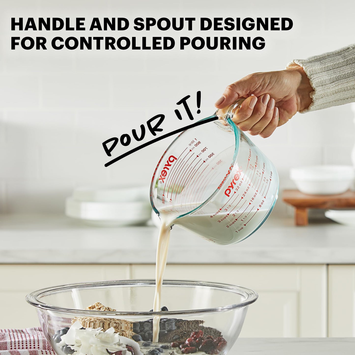 Pyrex 3 Piece Glass Measuring Cup Set, Includes 1-Cup, 2-Cup, and 4-Cup Tempered Glass Liquid Measuring Cups, Dishwasher, Freezer, Microwave, and Preheated Oven Safe, Essential Kitchen Tools