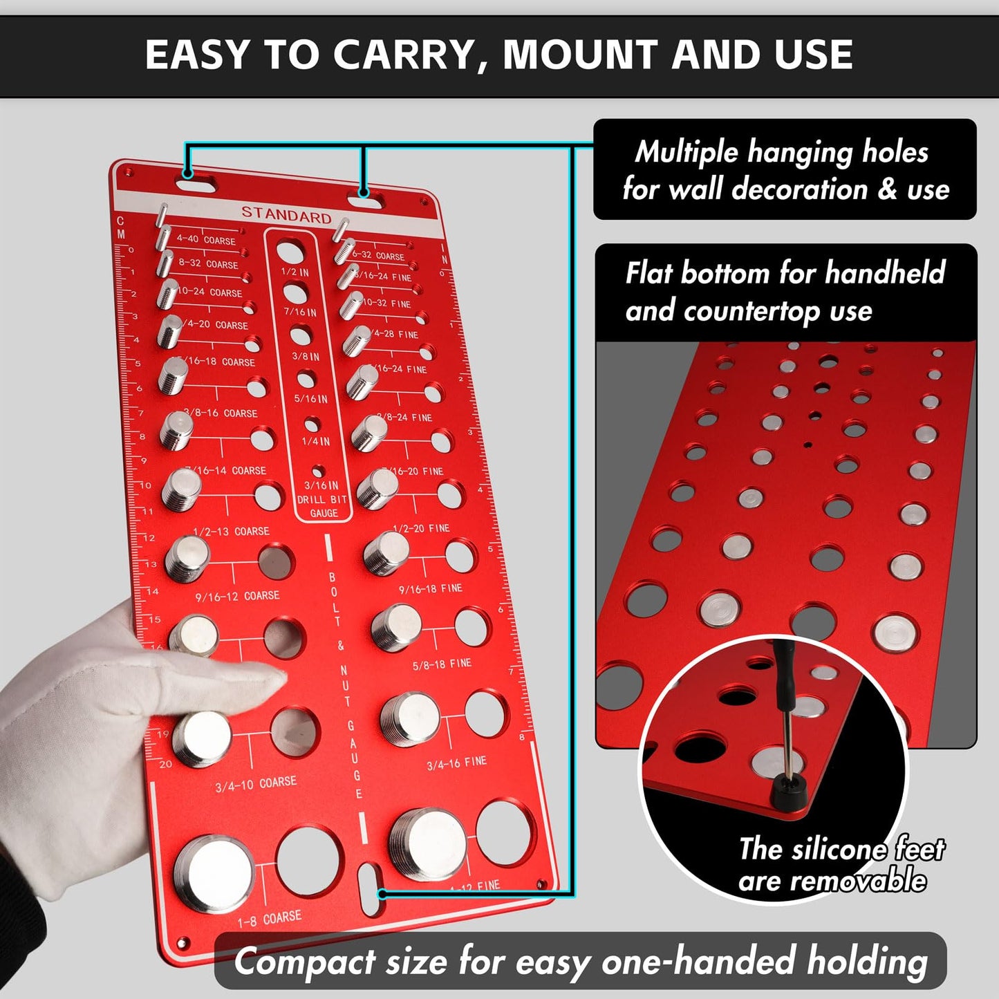 GIMYUAN 48 Thread Checker - 24 Standard & 24 Metric Nut and Bolt Thread Checker with 12 Drill Bit Gauge, Wall Mount Bolt Size Thread Identifier Board