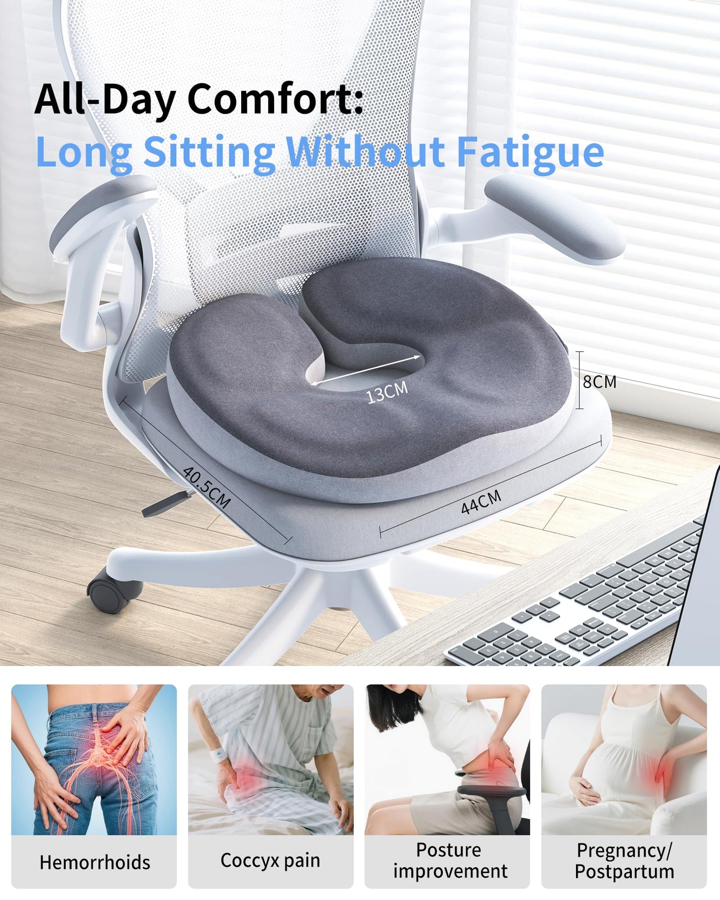 Auoketuo Memory Foam Donut Seat Cushion, Y-Shaped Coccyx Cushion for Tailbone Pressure Relief, Office Chair Cushion, Car Seat Cushion, Wheelchair Seat Cushion, Ergonomic Pillow for Long Sitting (Grey)