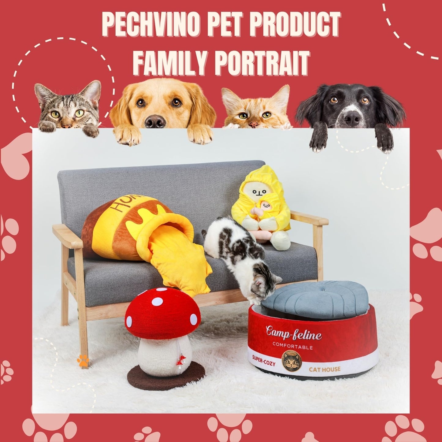 PECHVINO Can-Shaped Cat Bed – Ramen Bowl With Cover | Cute Enclosed Design With Ultra-Soft Cushion, Private & Cozy for Cats & Small Dogs
