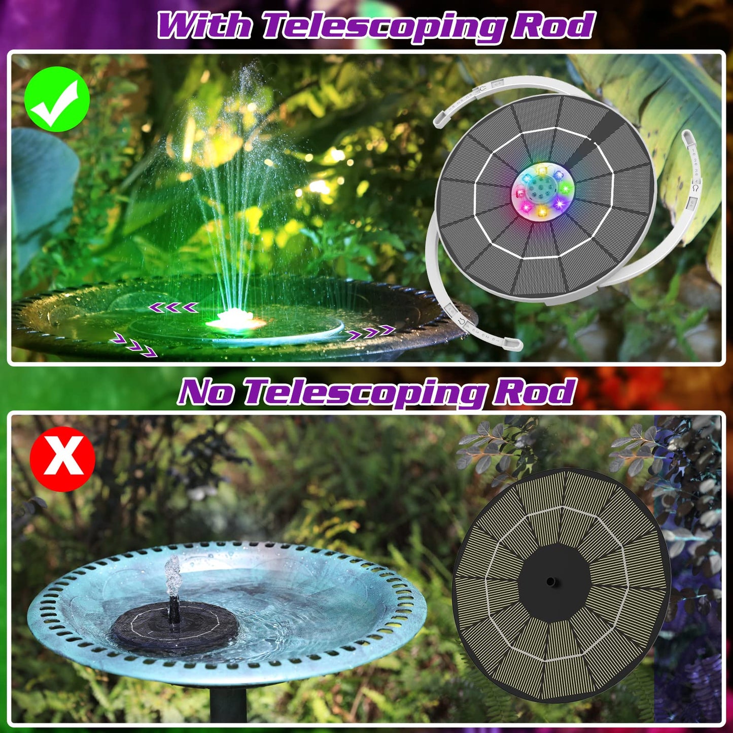 AISITIN 5.5W LED Solar Fountain Pump 2026 Upgraded Glass (215mm), 3000 Battery Solar Powered Fountain Pump with 8 Nozzle & 8 LED & 3 Retractable Stand, for Bird Bath, Outdoor Garden, Patio, Pond