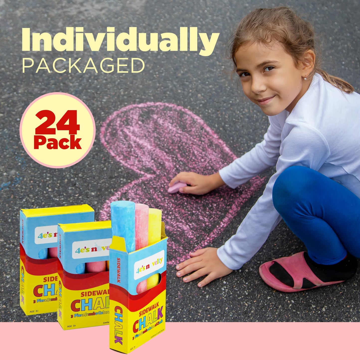 4E's Novelty 24 Pack Chalk Individually Wrapped Party Favors for Kids Bulk, 3 Sidewalk Chalk Jumbo Sticks In Each Box, Goodie Bag Fillers Toddlers Summer Gift Toy