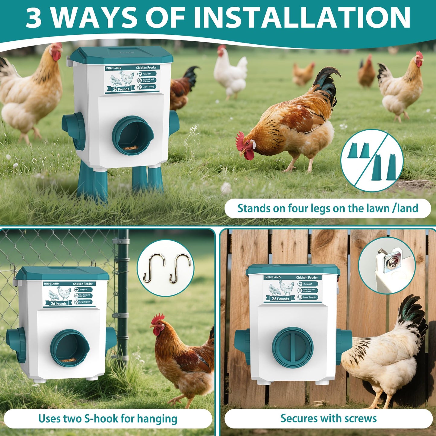 Chicken Feeder and Waterer Set - 3 Gallon/26.5 Pounds, Automatic Chicken Waterer with 4 Cups & 3 Feeder Ports, No Waste Poultry Feeders & Waterers, Chickens Coop Accessories for Hens/Ducks/Poultry