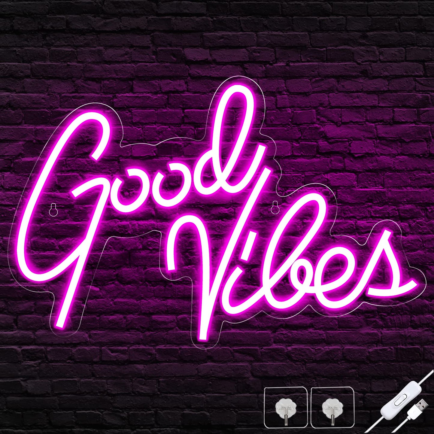 Ethereal Lomoer Good Vibes Neon Sign, Neon Signs for Wall Decor, Pink Neon Lights for Bedroom, led neon signs for Room & Party Decor, USB Powered Neon Lights Signs for Lover, Friends