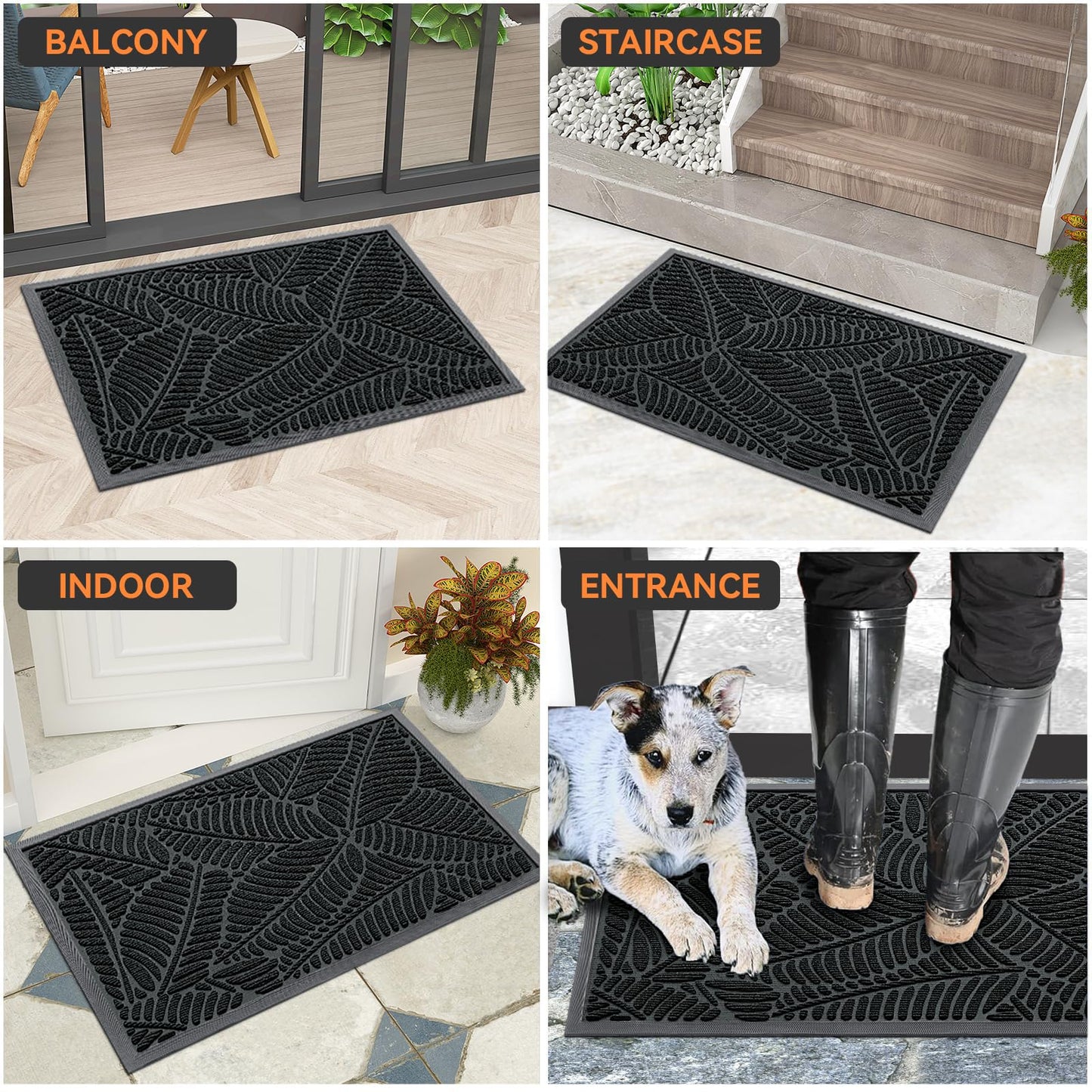 Grandaily Front Door Mat Indoor Outdoor Waterproof Doormat, Non Slip Natural Rubber Welcome Mat, Heavy Duty Durable Super Absorbent Entryway Rugs, 48"x32", Bright Black
