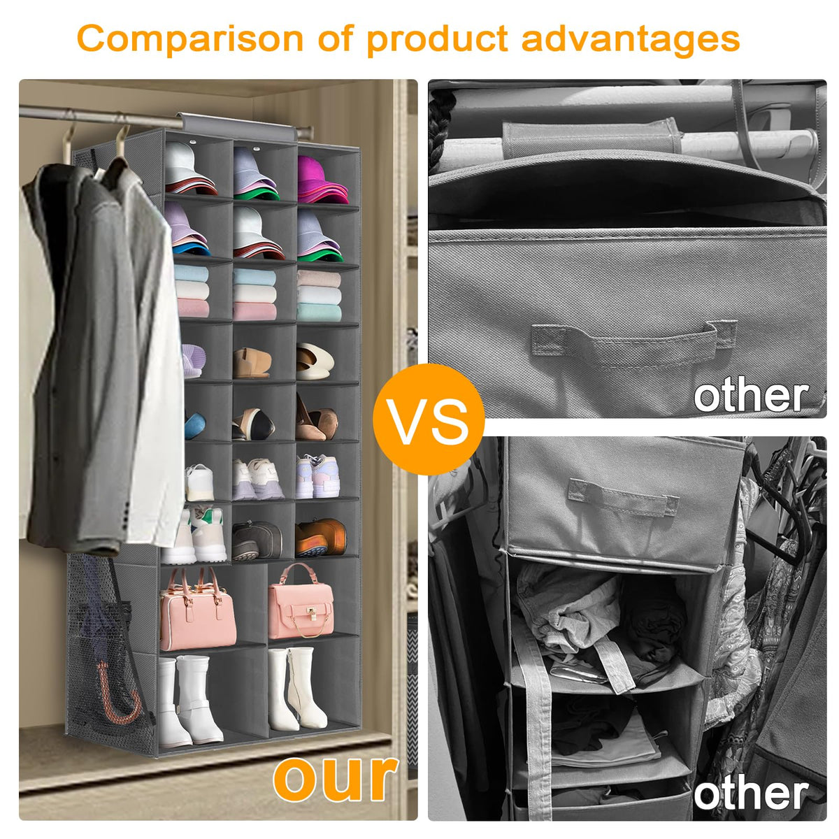 Hanging Shoe Organizer for Closet, Hanging Shoe Storage Rack Holder Shelves,Collapsible Shoe Closet Organizers and Storage with 4 Large Side Pockets,25 Sections for Shoes,Hats,Clothes(Gray)