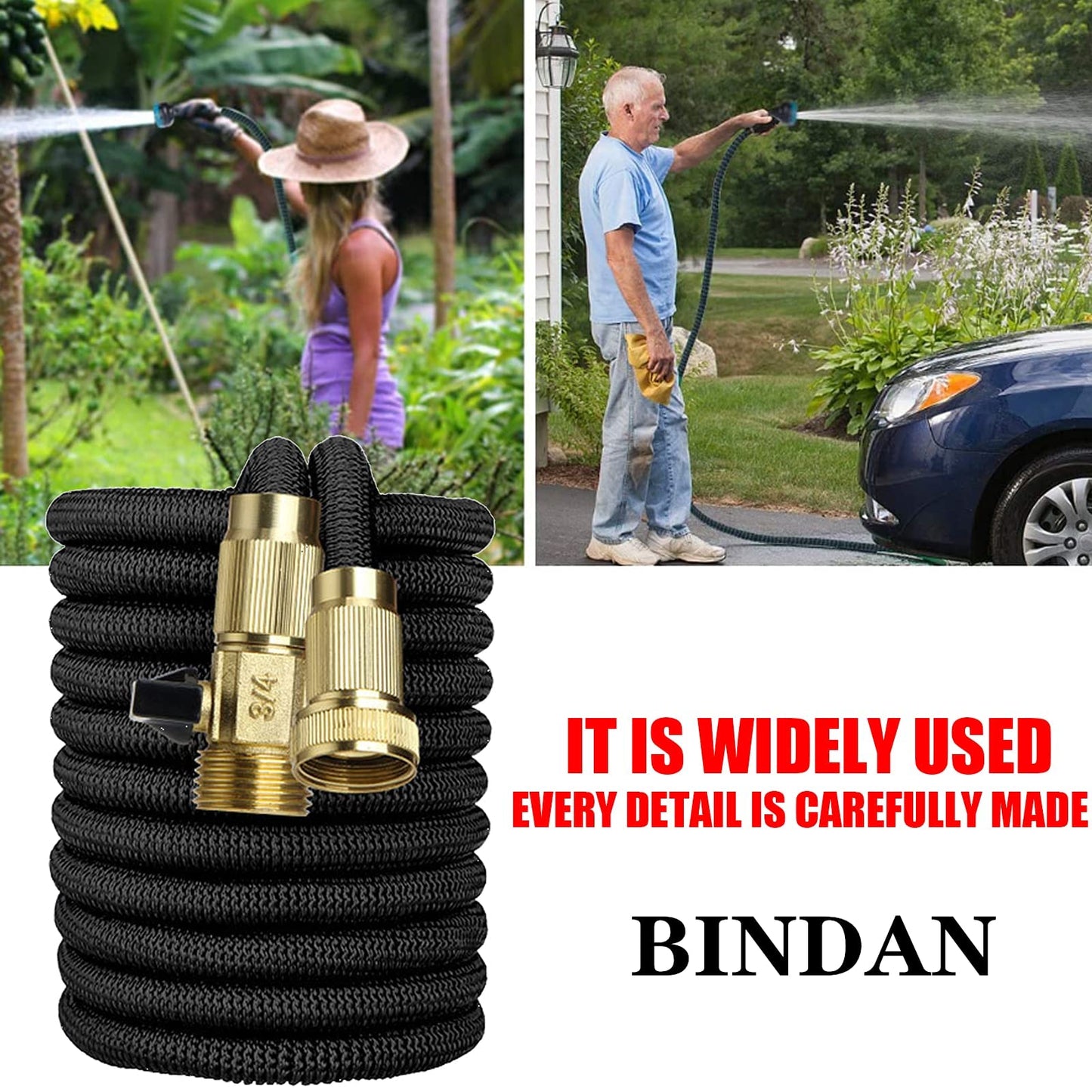 BINDAN Upgraded Best Expandable Garden Hoses, 25/50/75/100 FT No-Kink Flexible Water Hose, 3/4 Inch Solid Brass Fittings and Double Latex Core, Lightweight Easy Storage (50FT, Black)