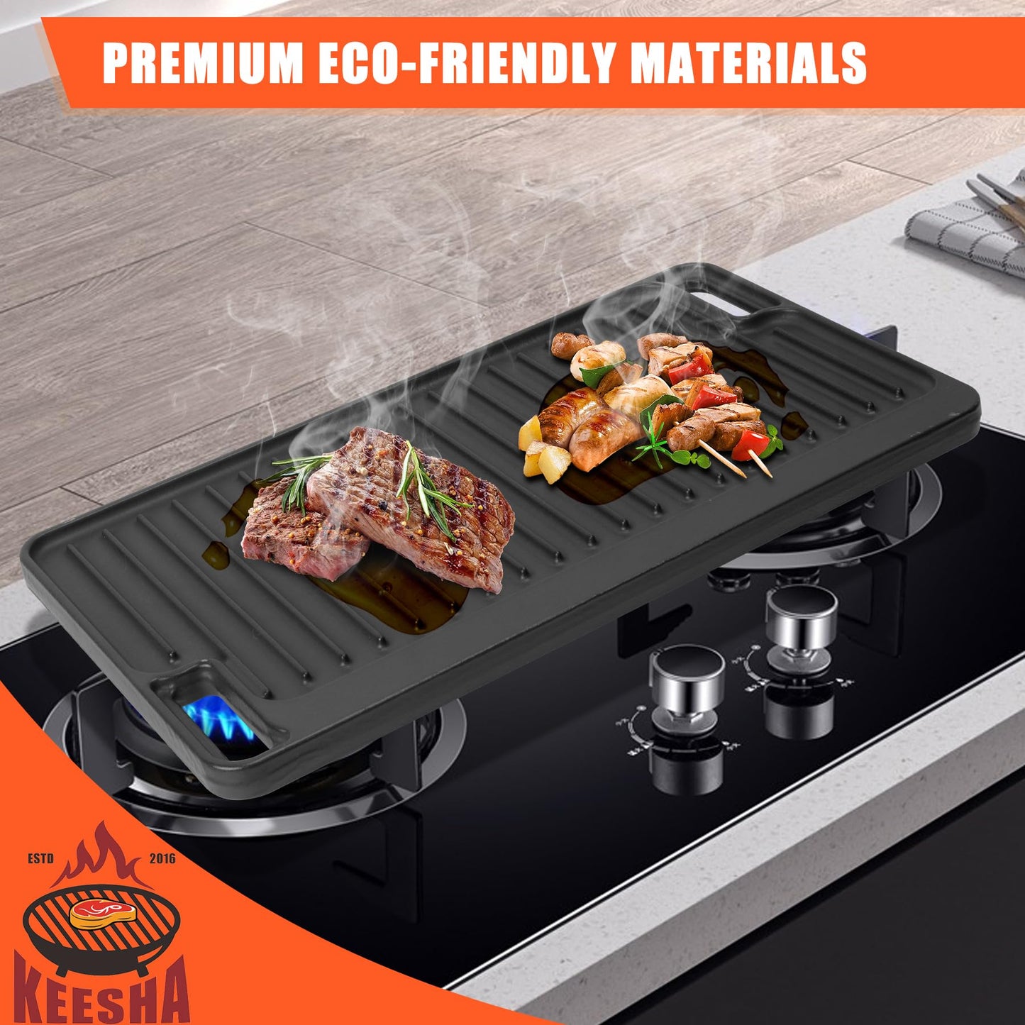 Cast Iron Griddle, Gas Stove Top Pan Heavy Duty Reversible Cooking Griddle for Grill, Camping, Indoor and Outdoor Cooking- 16.75" x 9.5"