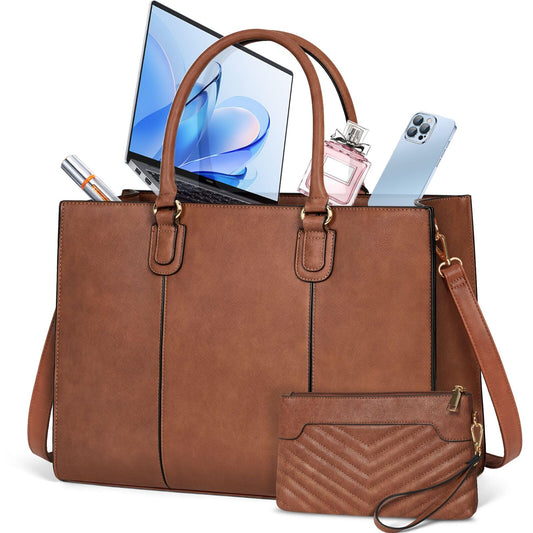 NUBILY Laptop Bags for Women 15.6 Inch Work Tote Bags Womens Laptop Purse Waterproof PU Leather Laptop Briefcase for Office Computer Bag Women Travel Handbag Shoulder Bag Brown