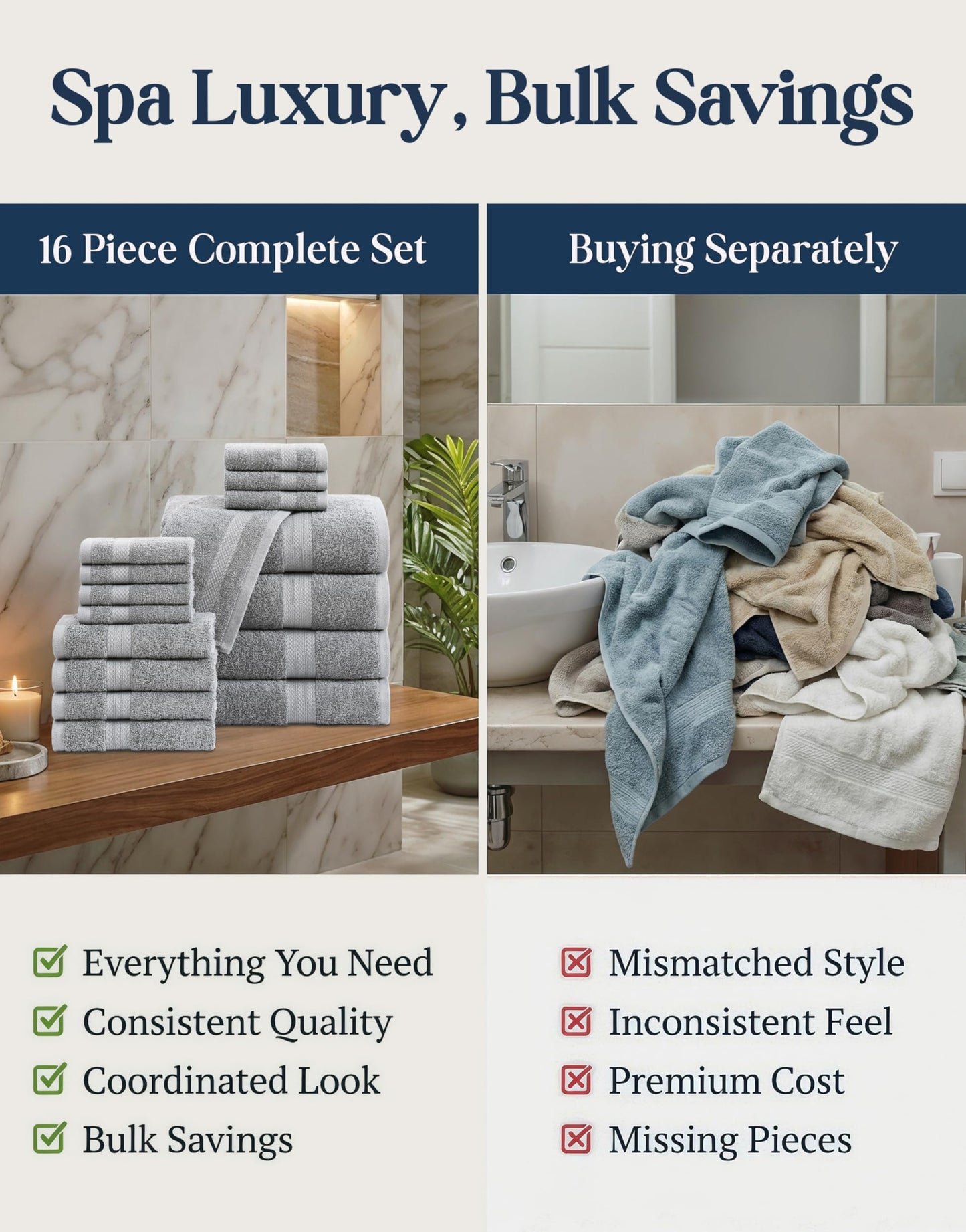 LANE LINEN 100% Cotton Turkish Towel Set for Bathroom - 16 Piece - Super Soft, Quick Dry & Highly Absorbent - 4 Bath, 8 Wash Cloths, 4 Hand Towels - Hotel Quality, Durable & Oeko-TEX Certified - Grey