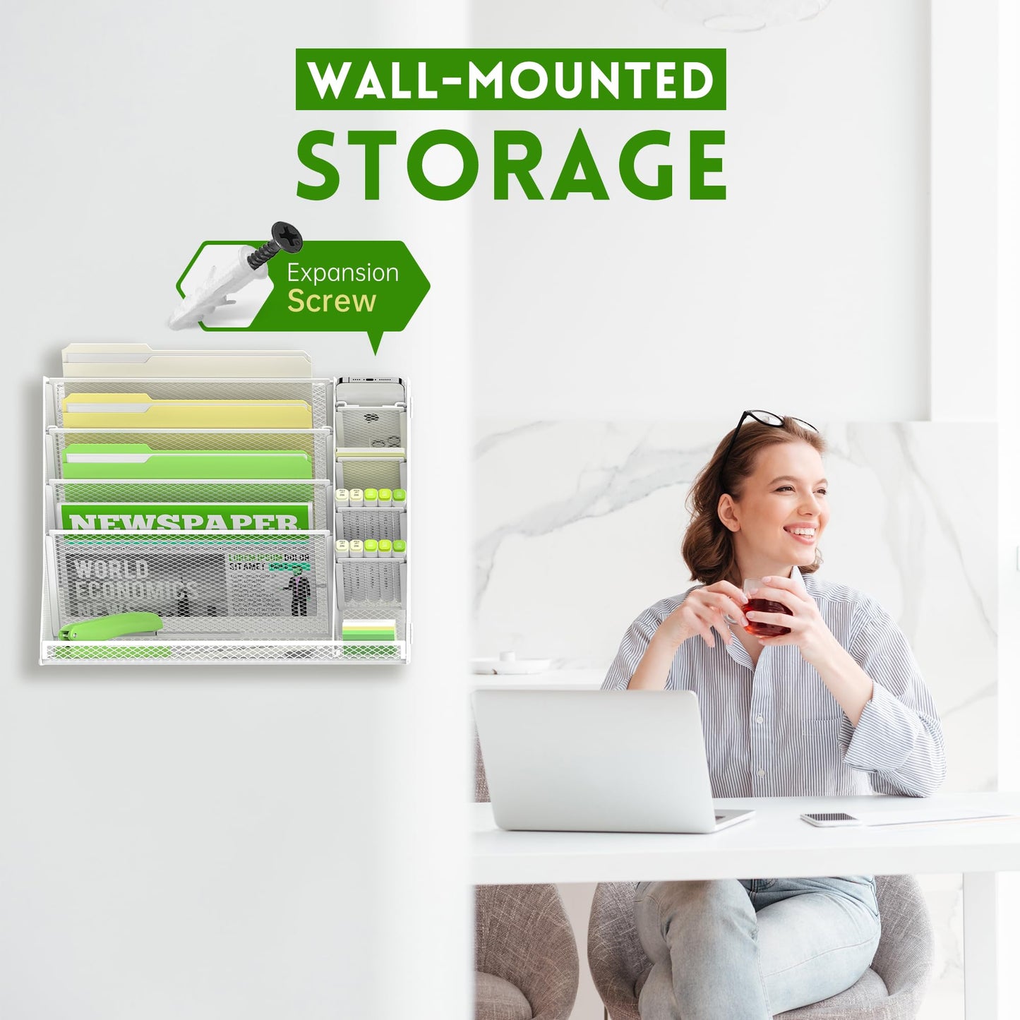 SUPEASY Wall File Organizer, 5-Tier Desk Organizer with 4 Pen Holders, Wall Organizer for Office with R-shaped Bottom Tray, Desk Organizers and Accessories for Office Supplies, White