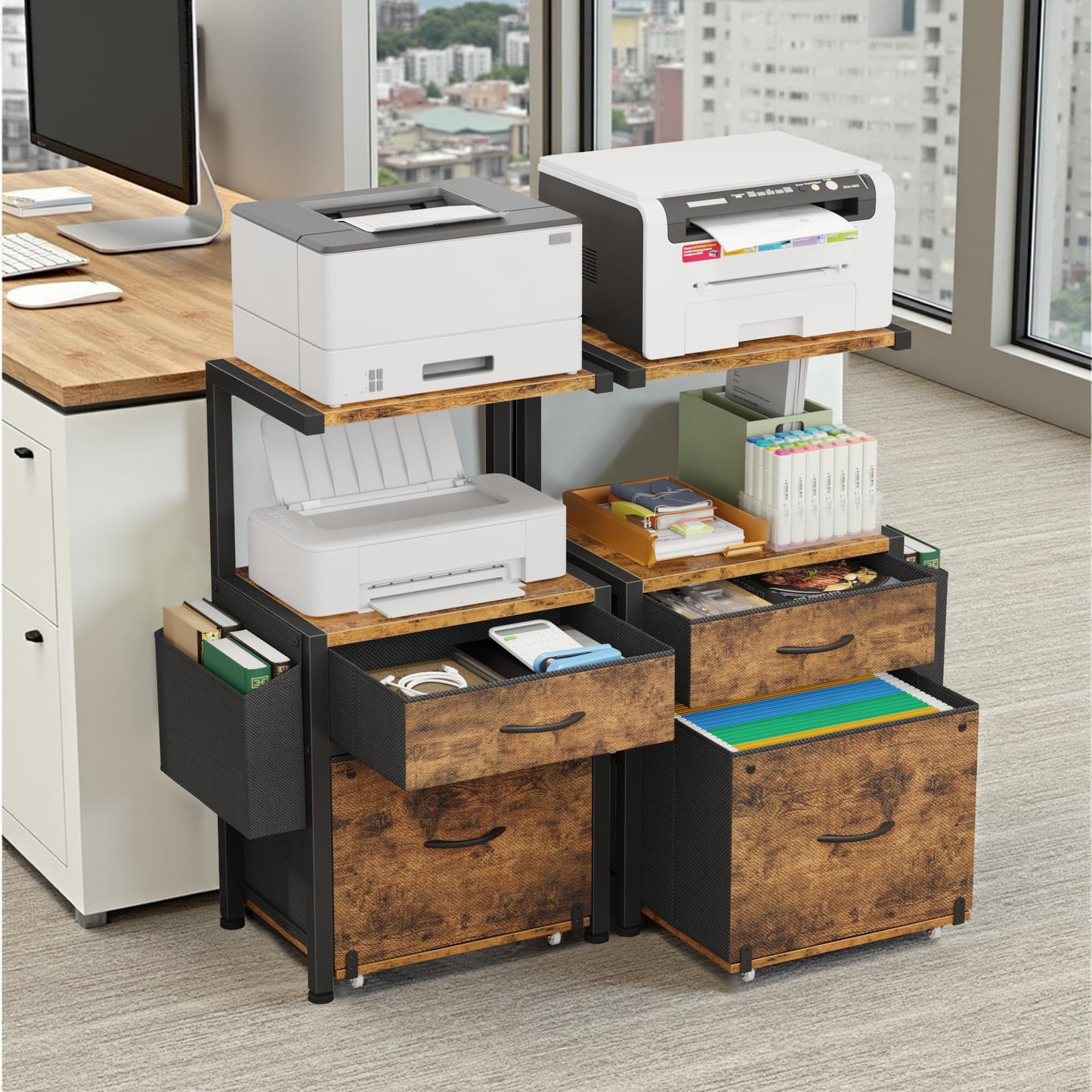 HIGDBFE Filing Cabinet with 2-Tier Printer Shelves, 2 Fabric Drawers File Cabinet with Reversible Side Bag&File Drawer, Printer Stand with Storage for Home Office, Rustic Brown, 16.5" W