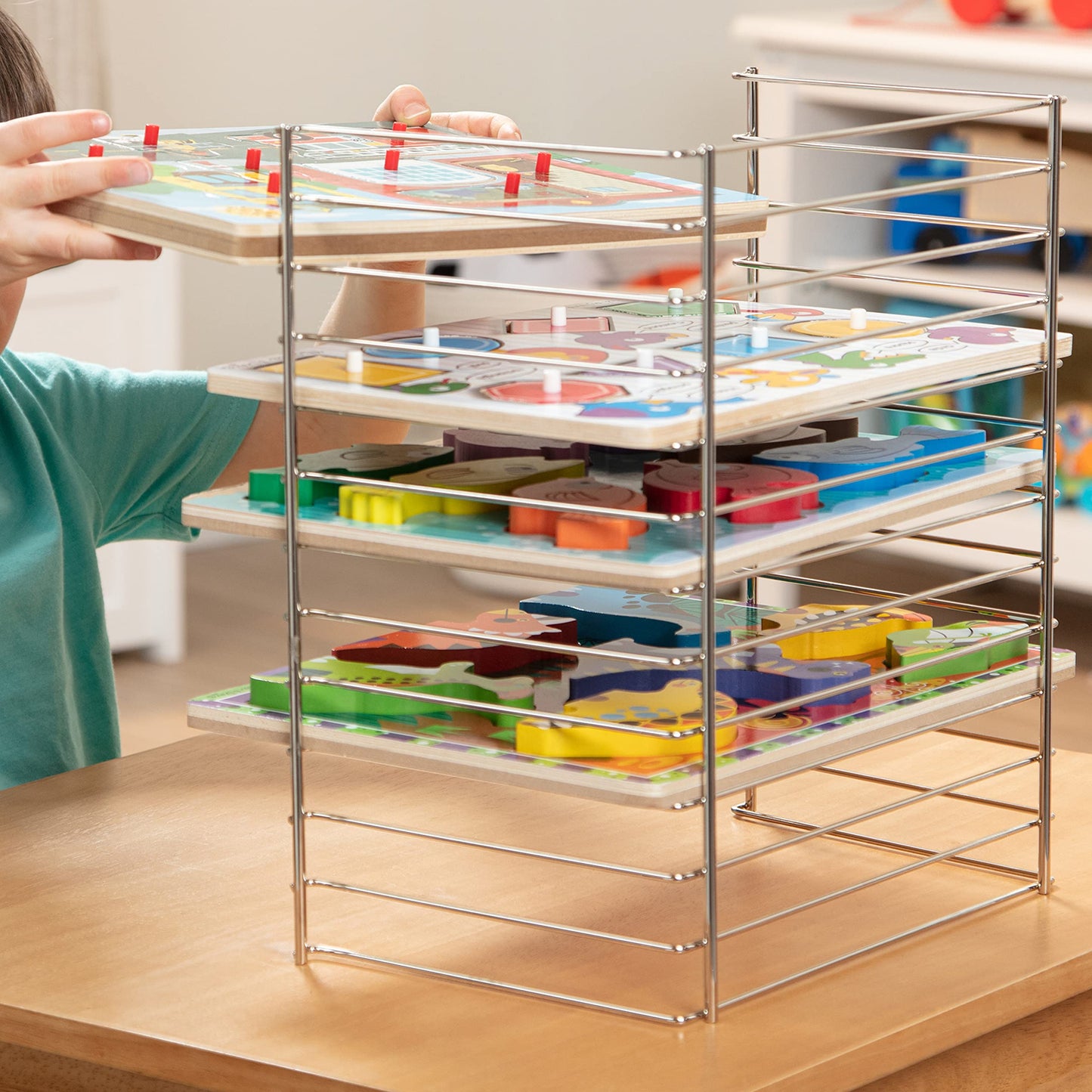 Melissa & Doug Multi-Fit Metal Wire Puzzle Rack 12 Inches Wide and 0.75 Inches DeepPuzzle Holder Rack Storage Organizer for Kids