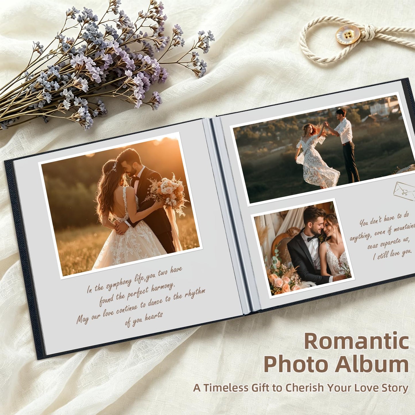 popotop Self Adhesive Photo Album with Display Window, 60 Pages Scrapbook Album for 4x6 8x10 Picture, Black Linen Memory Book for Wedding Baby Travel, with Scraper and Metallic Pen